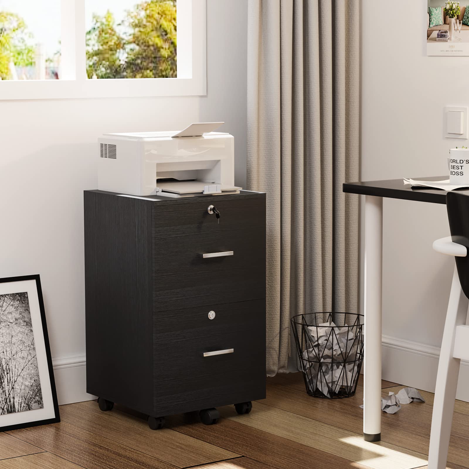 2-Drawer File Cabinet with Lock, Small Rolling Wood Filing Cabinet for Hanging Letter Size Filings with Tabs, Mobile Under Desk File Organizer for Home Office, Classic Black, 27.2" H