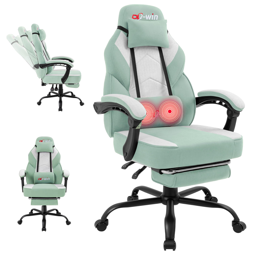 Gaming Chair for Adults with Footrest & Massage Lumbar Support, Ergonomic High Back Gamer Chair, Adjustable Swivel Computer Gaming Chairs with Headrest and Linkage Armrests,Green