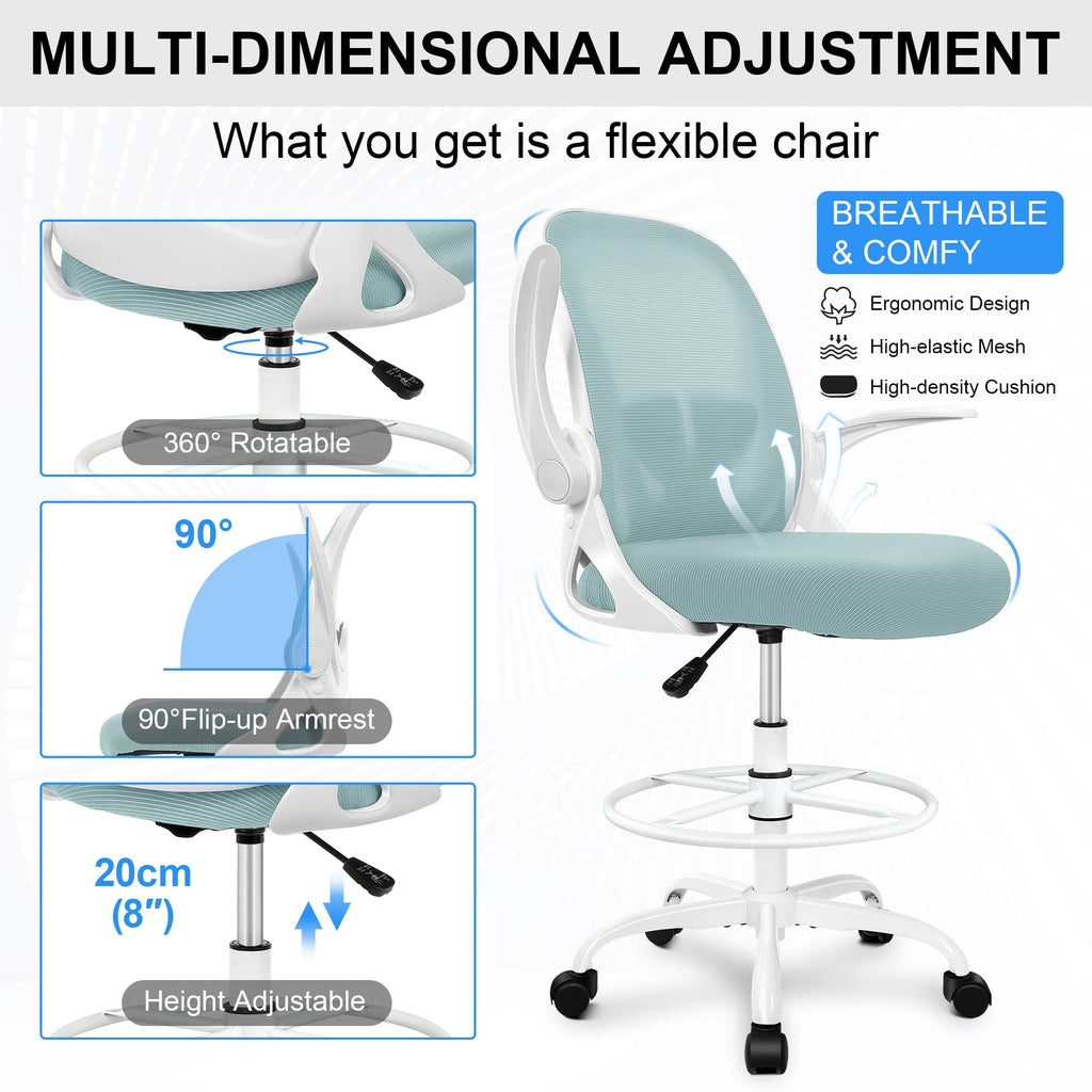 Drafting Chair Tall Office Chair with Flip-up Armrests Executive Ergonomic Computer Standing Desk Chair with Lumbar Support and Adjustable Footrest Ring（Light Blue）