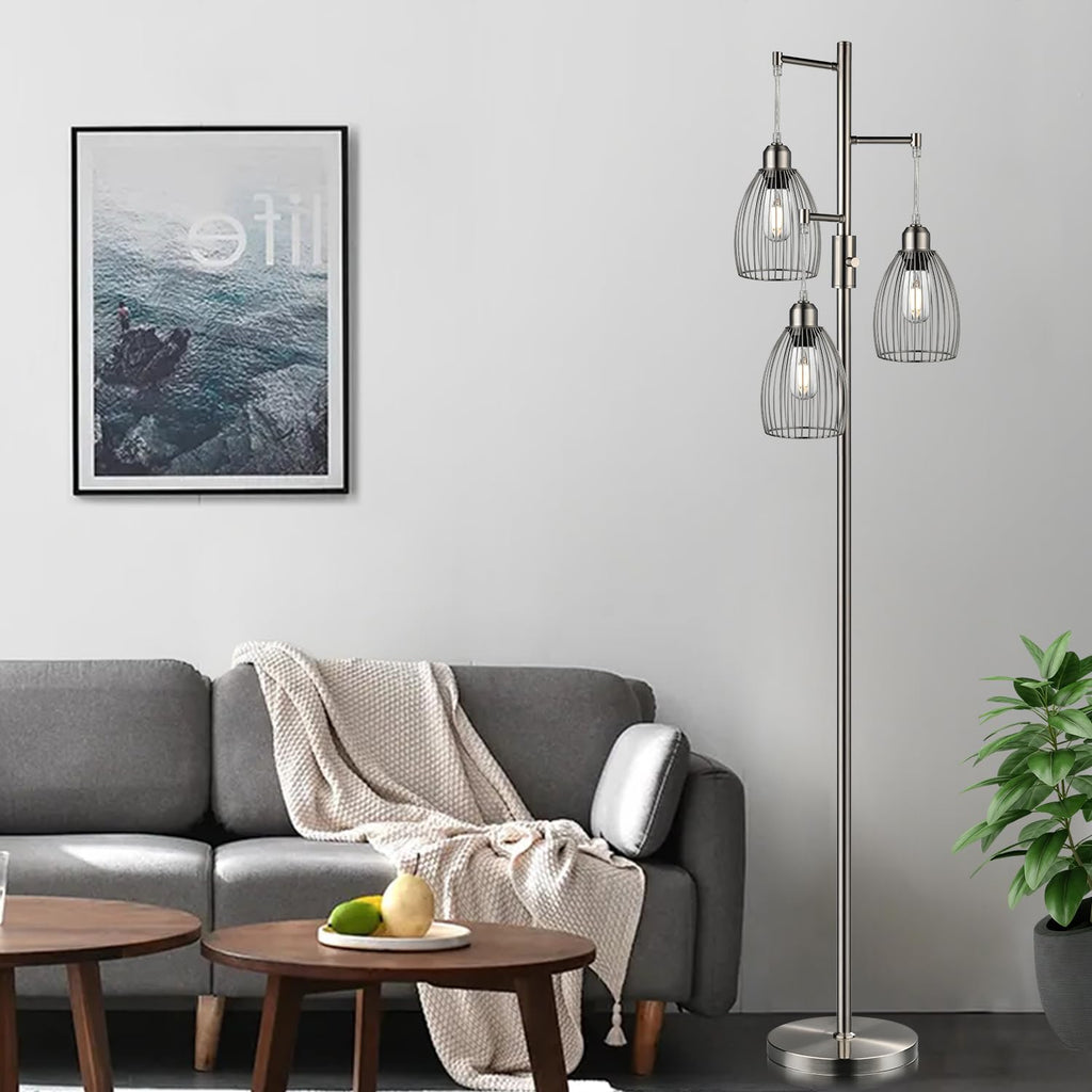 Floor Lamp, 3 x 800LM LED Edison Bulbs Included, Industrial Floor Lamp Standing Tree Lamp with Elegant Teardrop Cage Heads Tall Lamps for Living Room Bedroom-Brushed Nickel
