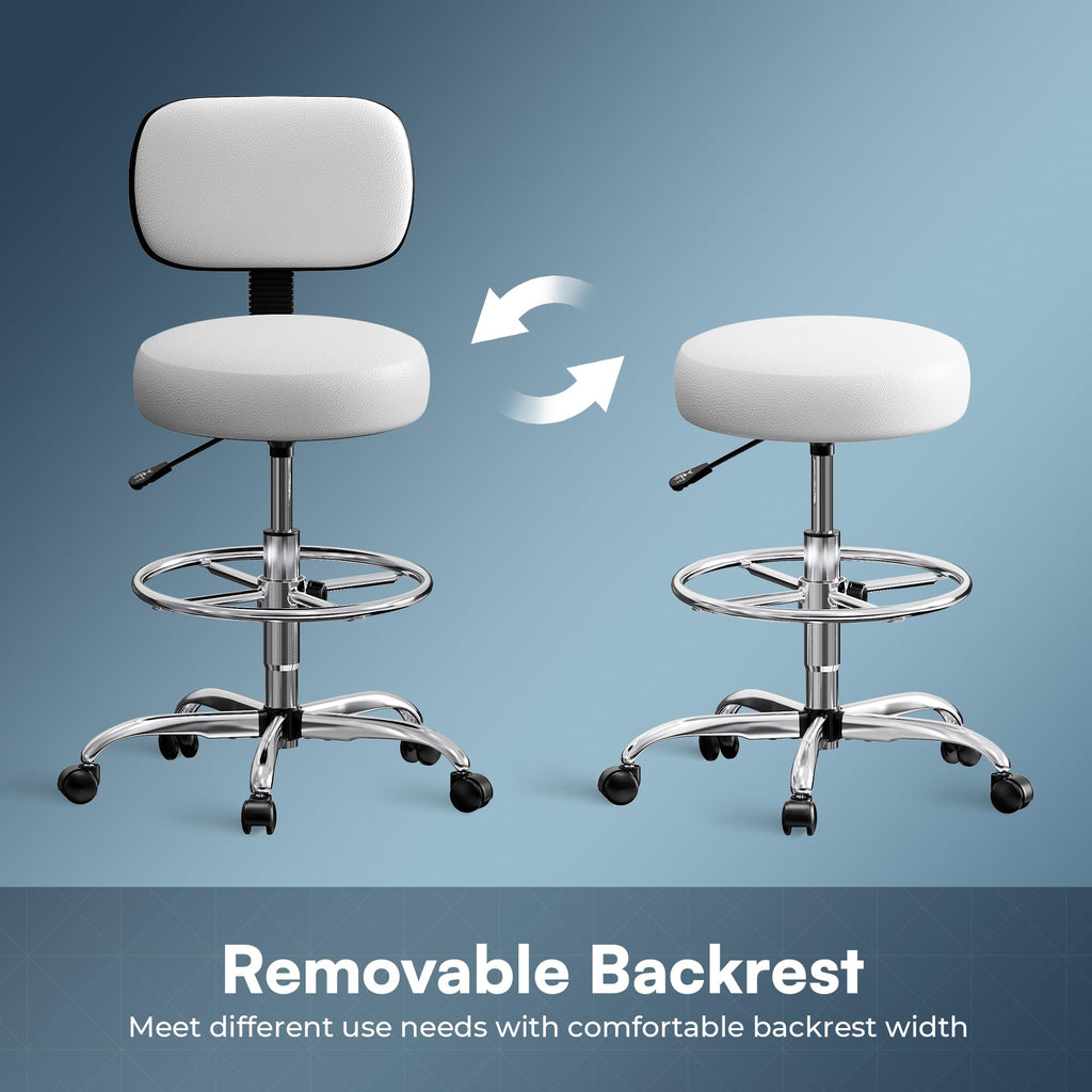 Drafting Chair with Back, Adjustable Foot Rest Rolling Stool, Multi-Purpose Office Desk Chair, Thick Seat Cushion for Home Bar Kitchen Shop - White