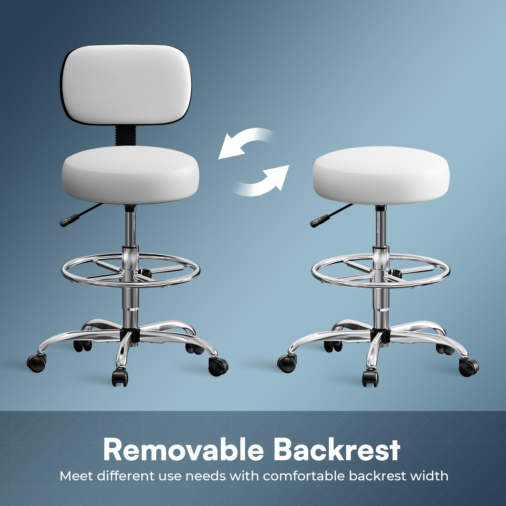 Drafting Chair with Back, Adjustable Foot Rest Rolling Stool, Multi-Purpose Office Desk Chair, Thick Seat Cushion for Home Bar Kitchen Shop - White
