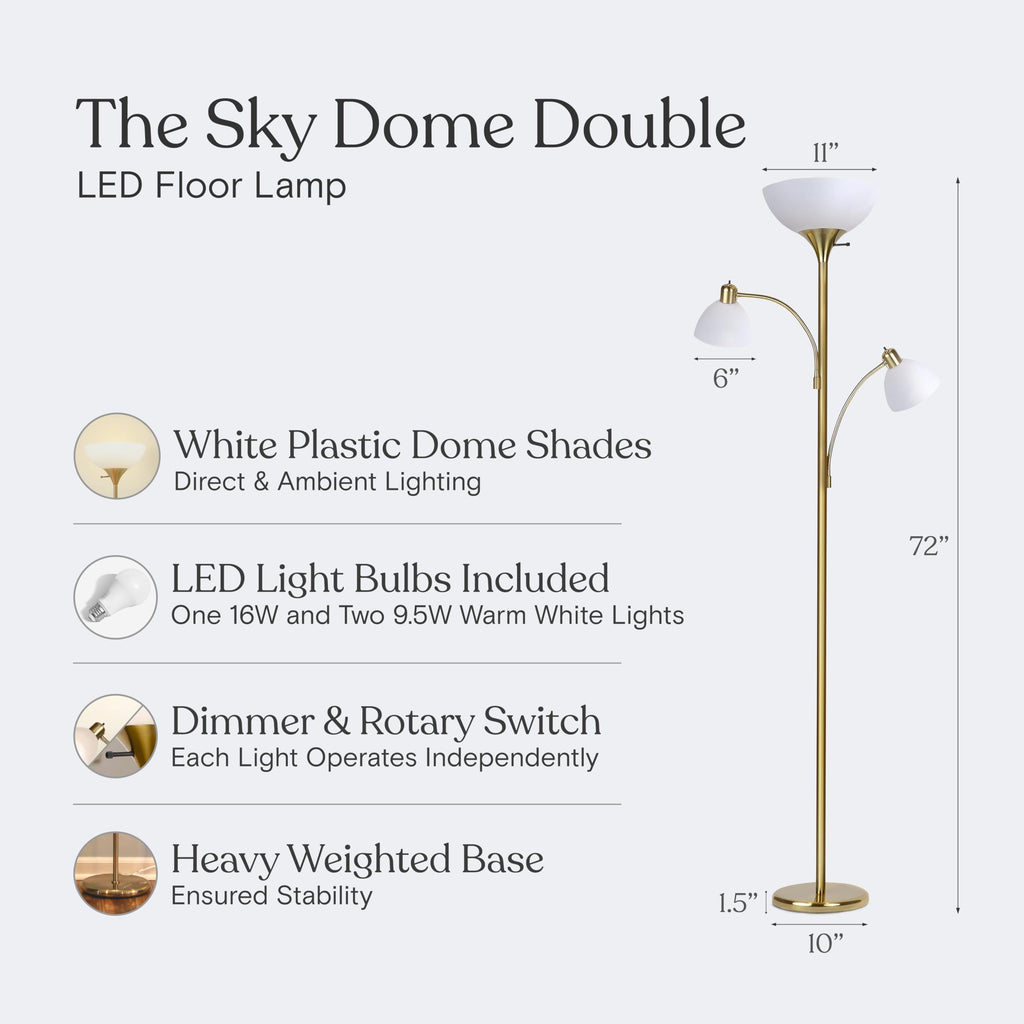 Sky Dome Double LED Floor lamp, Torchiere Super Bright Floor Lamp with 2 Reading Lamps for Living Rooms & Offices - Dimmable Tall Standing Lamp for Bedroom Reading - Tall Brass Pole
