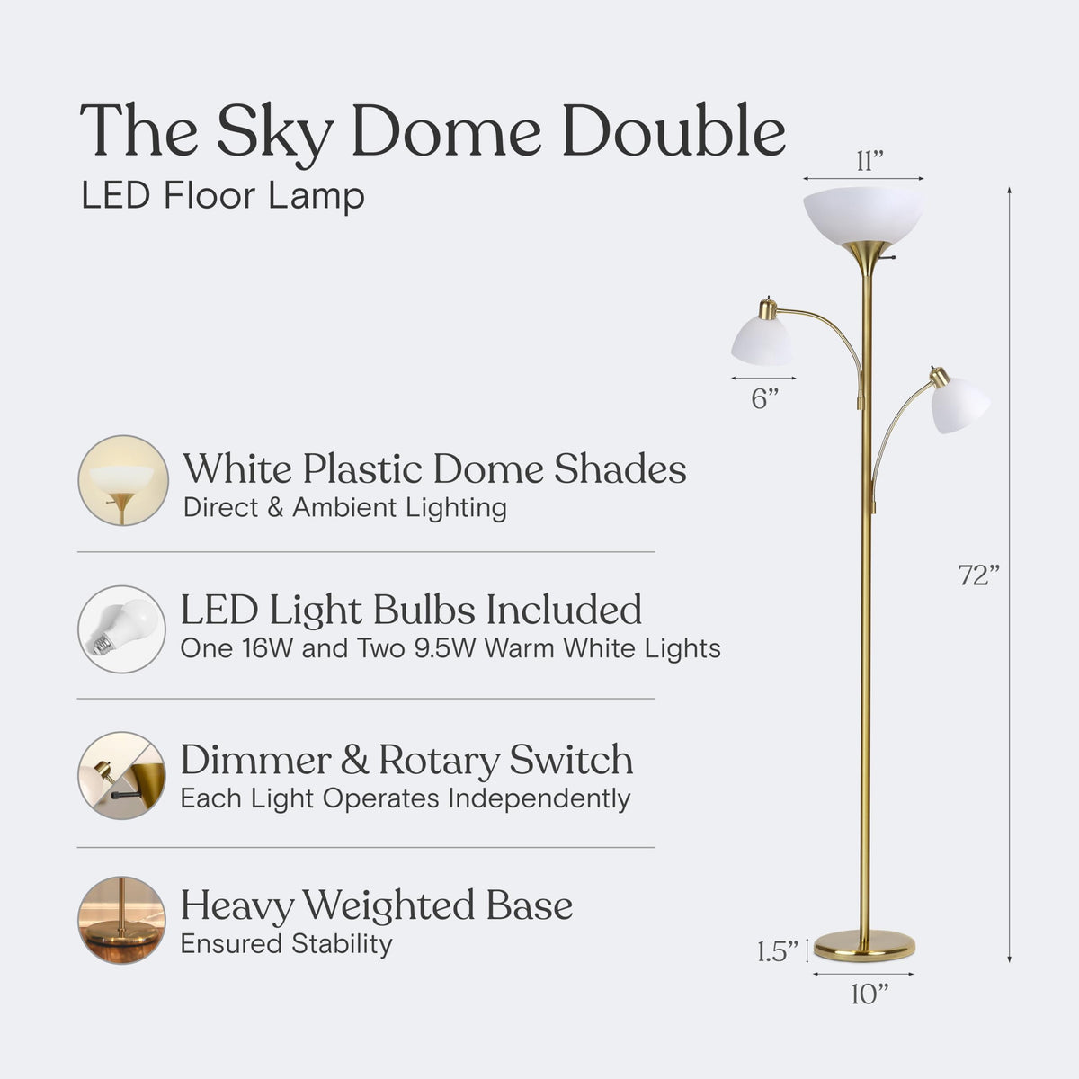 Sky Dome Double LED Floor lamp, Torchiere Super Bright Floor Lamp with 2 Reading Lamps for Living Rooms & Offices - Dimmable Tall Standing Lamp for Bedroom Reading - Tall Brass Pole