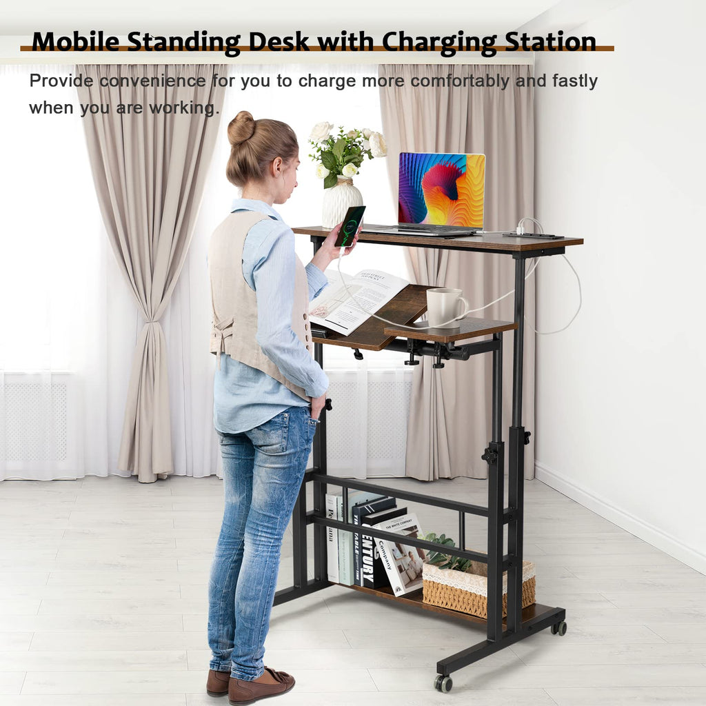 Mobile Standing Desk Adjustable Height, Rolling Desk Stand Up Desk, Mobile Laptop Desk, Rolling Computer Desk with Charging Station, Portable Desk with Wheels, Rustic Brown