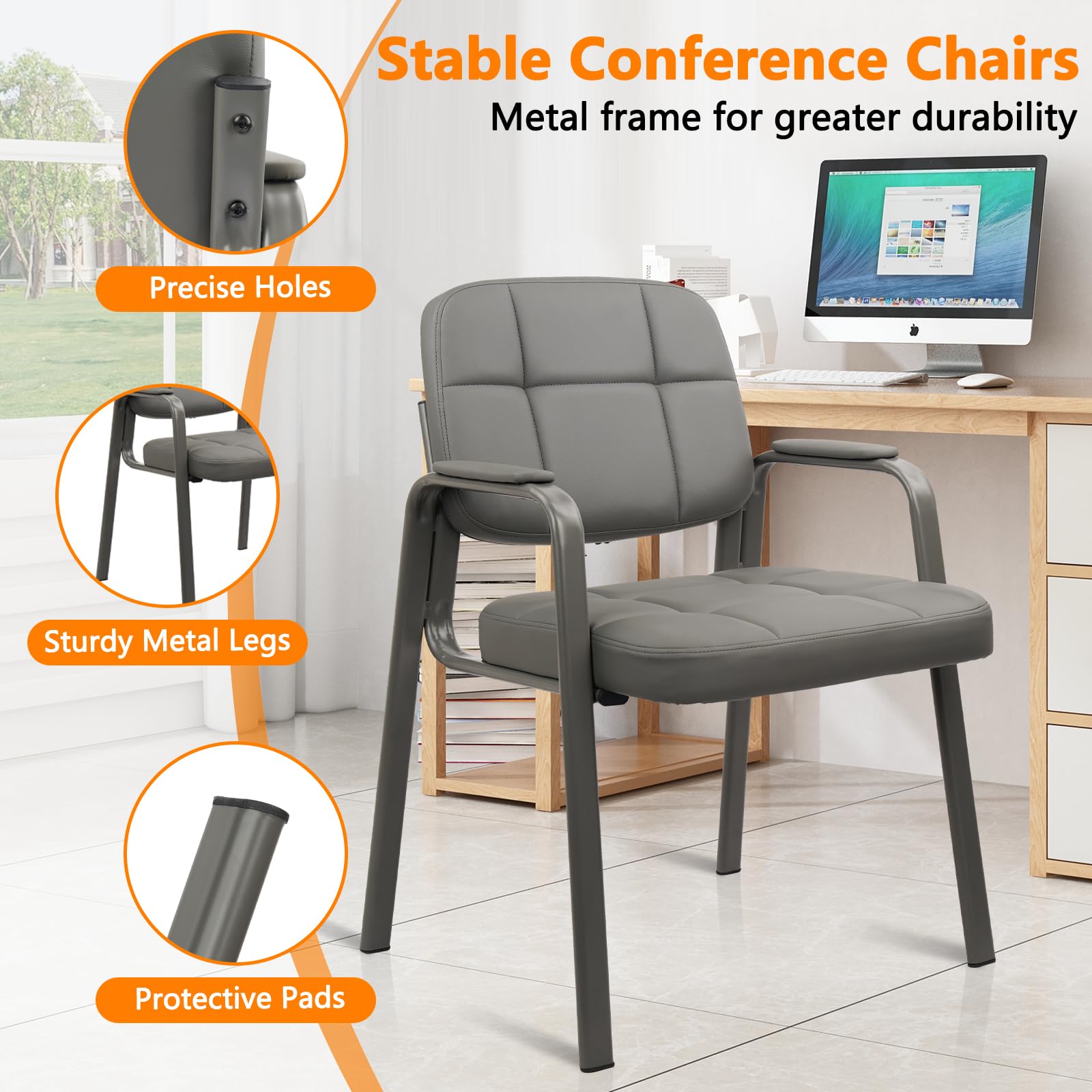 Waiting Room Guest Chair with Bonded Leather Padded Arm Rest for Office Reception and Conference Desk (Grey 1 Pack)