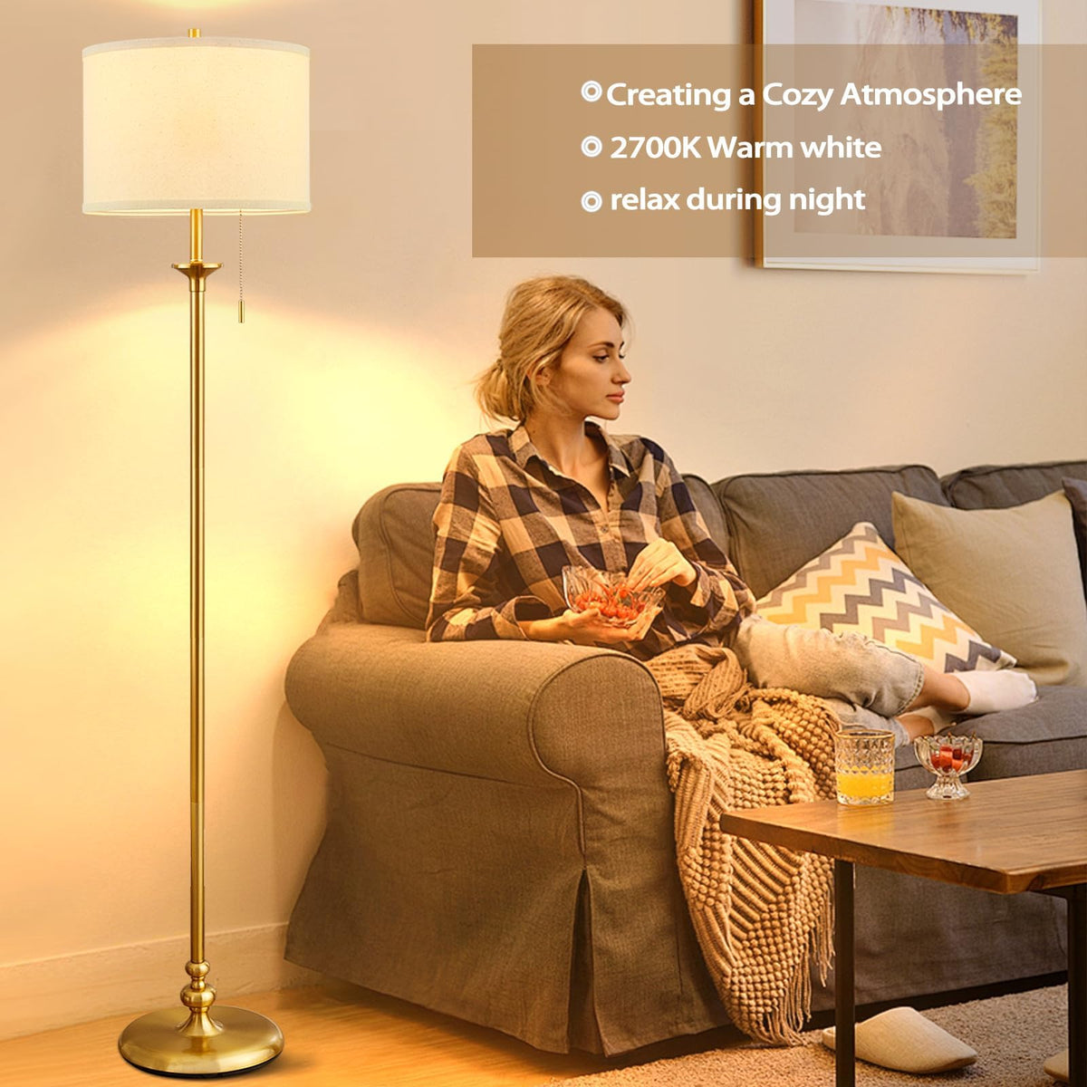 60" Gold Floor Lamp, Floor Lamps for Living Room with Fabric Shade