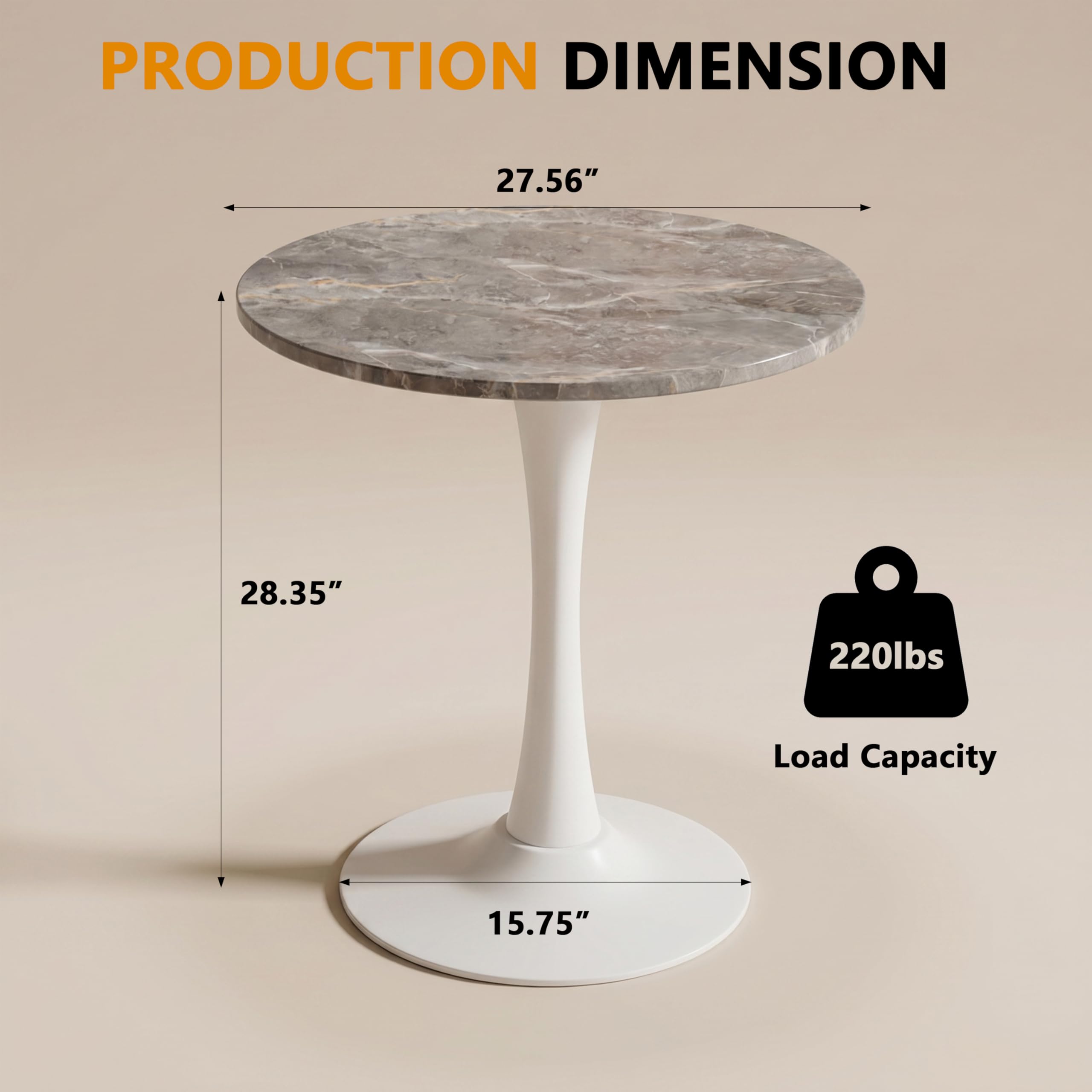 Sybrioka 27.6" Marble Round Tulip Table, Mid-Century Modern Style Dining Table with White Pedestal Base for 2-4 People, Featuring A Marble Tabletop for Kitchen, Dining Room, Cafe (Dark Grey)