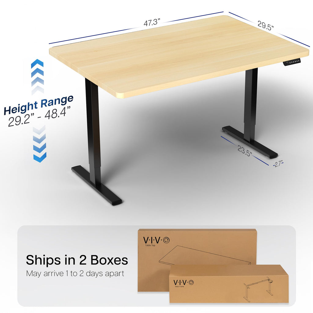 Electric 48 x 30 in Standing Desk, Memory Height Adjustment, 1B Series, Holds 220 lbs, One-Piece Light Wood Top, Black Frame