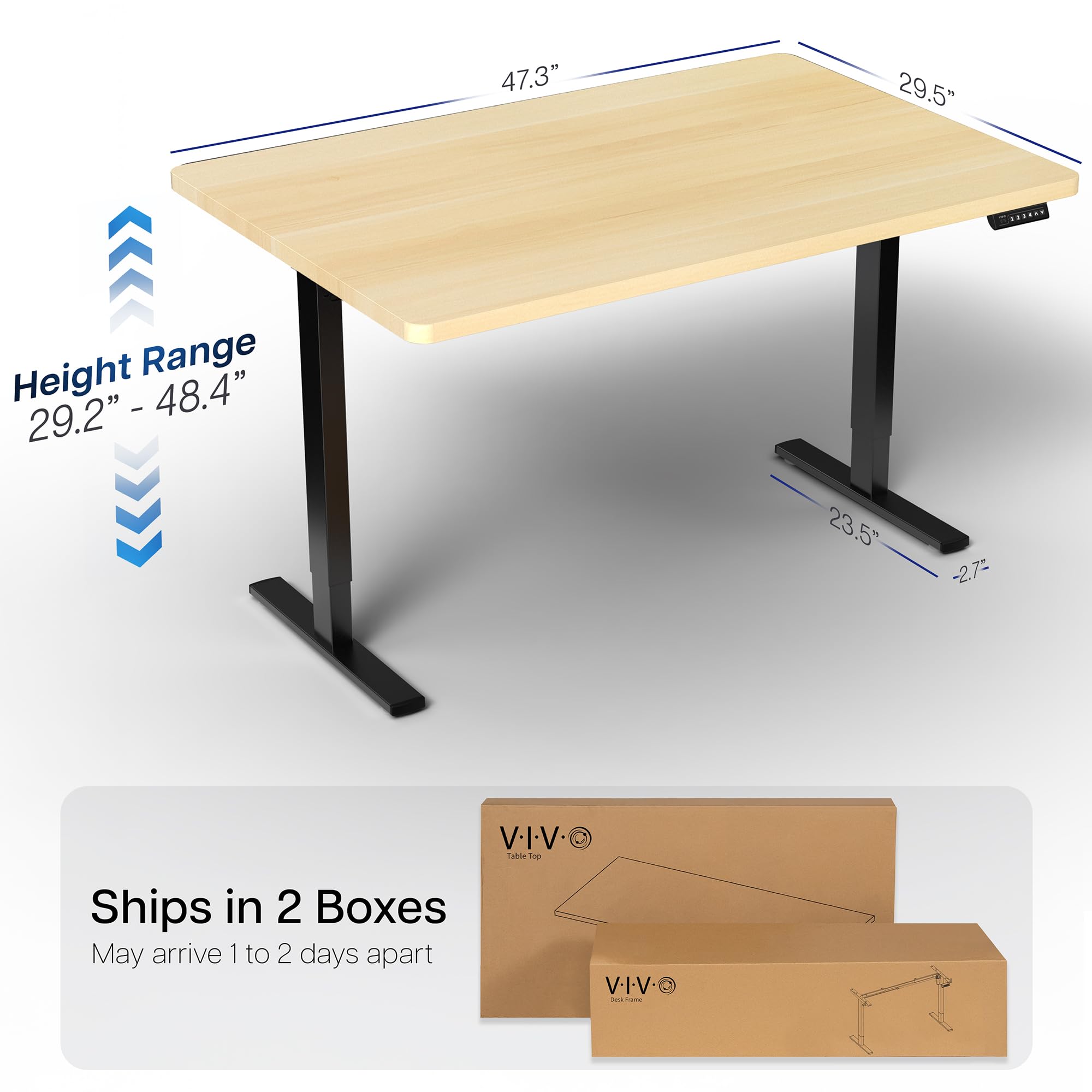 Electric 48 x 30 in Standing Desk, Memory Height Adjustment, 1B Series, Holds 220 lbs, One-Piece Light Wood Top, Black Frame