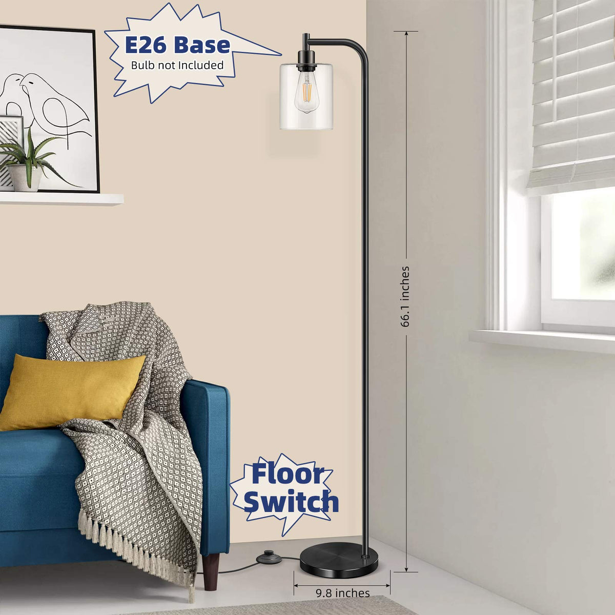 Black Industrial Floor Lamp with Hanging Glass Shade