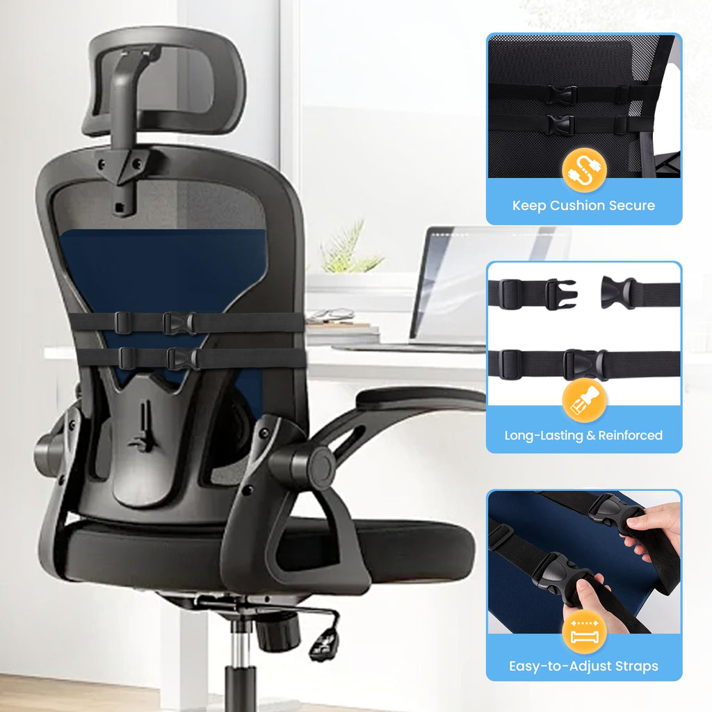 Large Lumbar Support Pillow for Office Chair, Car Seats and Home Desks, Ergonomic Back Support with Double Adjustable Straps, Machine Washable Cover (Blue,XL)