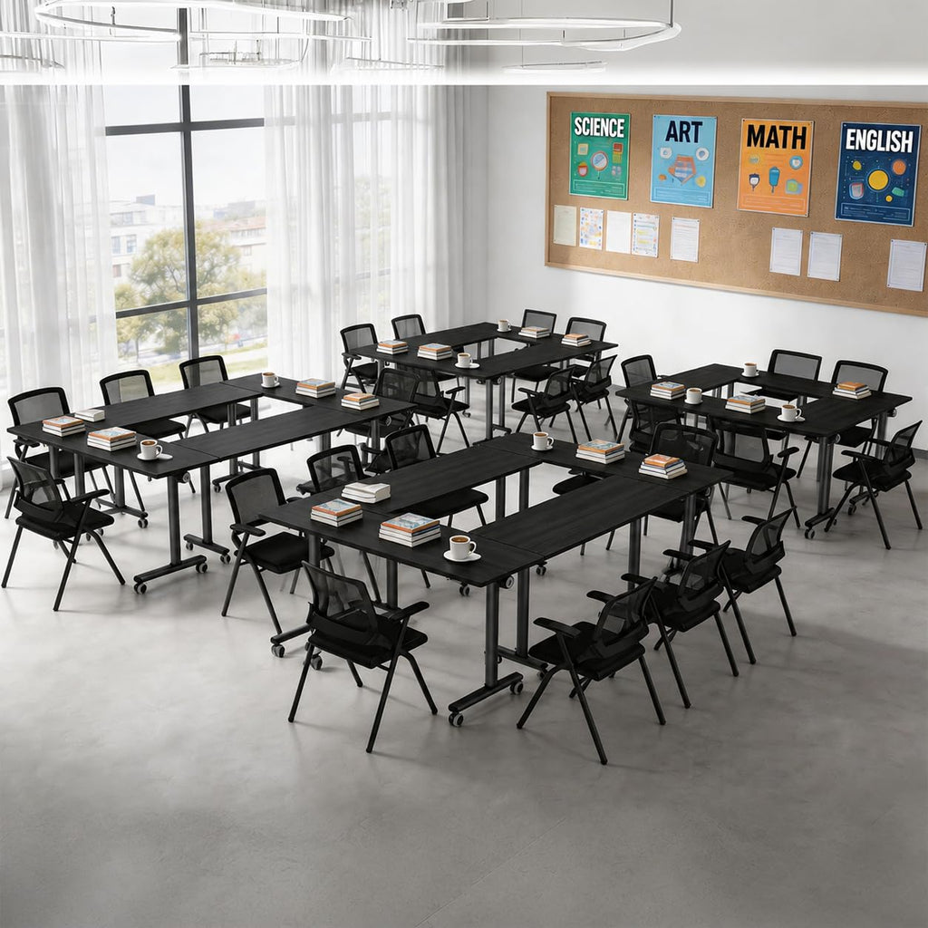55″ Flip Top Training Table with Lockable Wheels, Mobile Nesting Folding Conference Table, Space Saving Seminar Desk for Classroom, Office, Library (12, Black, 55"×20"×30")