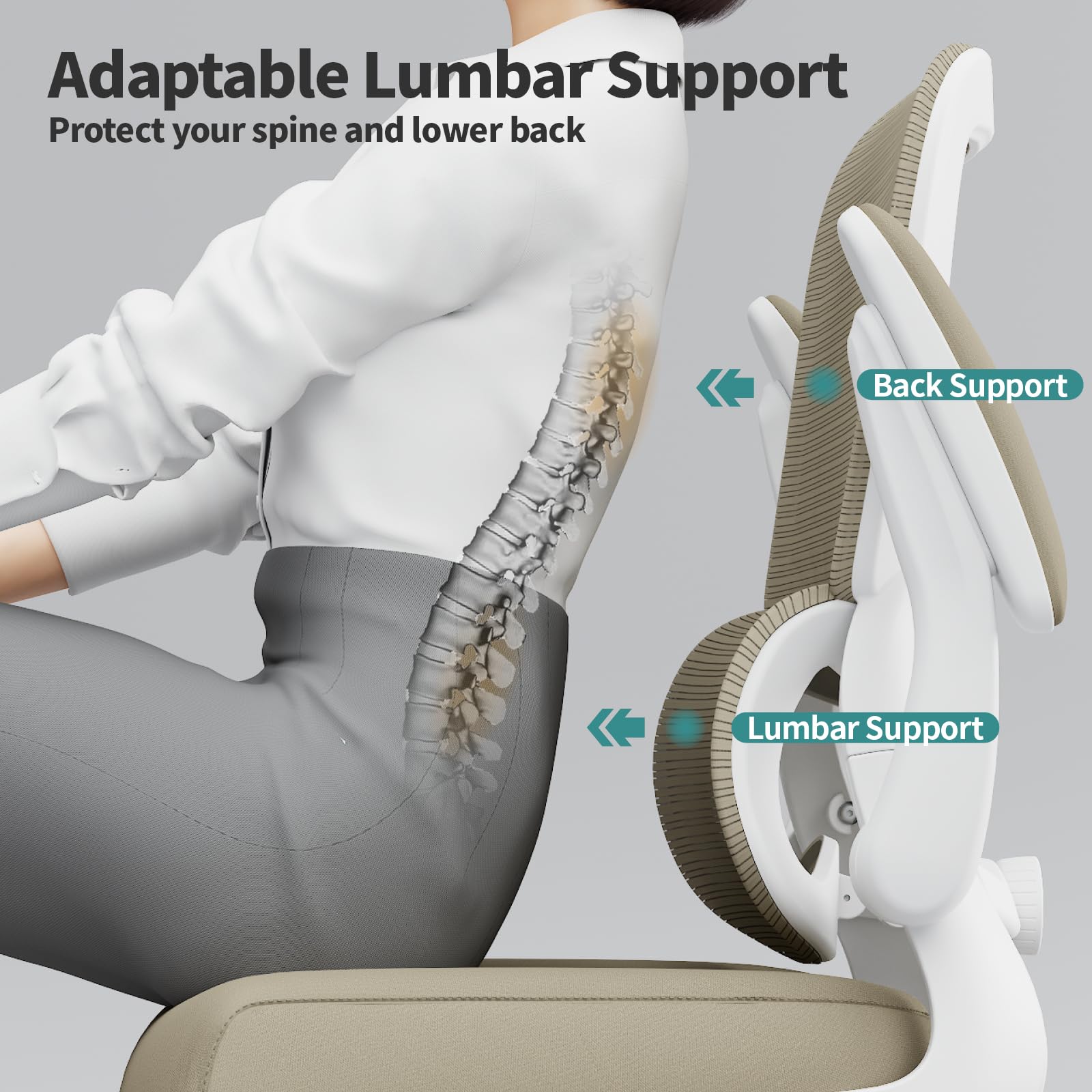 Office Chair - Ergonomic Desk Chair with Adjustable Lumbar Support, Mesh Computer Chair, Executive Chairs for Home Office Comfortable Lumbar Support,Khaki