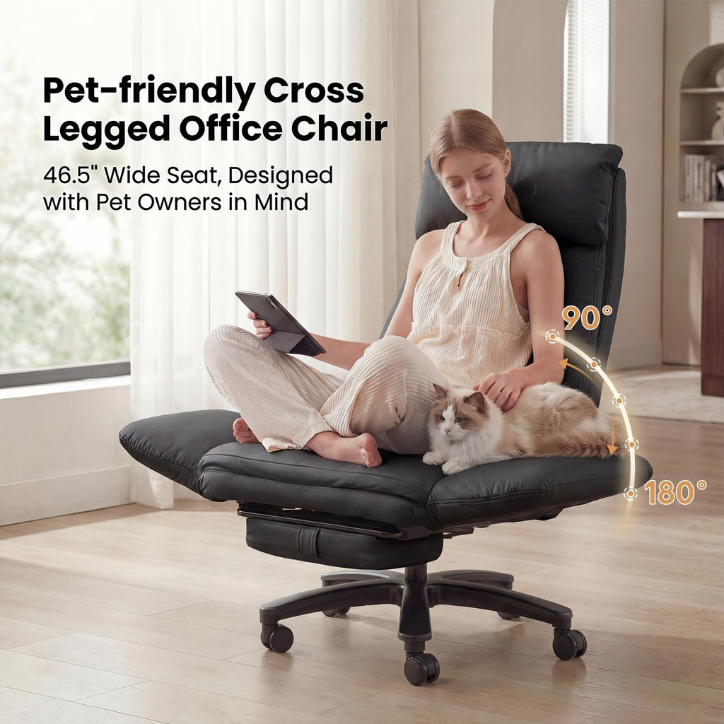 Cross Legged Office Chair with Pets Friendly Seat, Plus Size Criss Cross Desk Chair, Big and Tall Office Chair with Foot Rest, Reversible Armrests & Wide Seat, Black