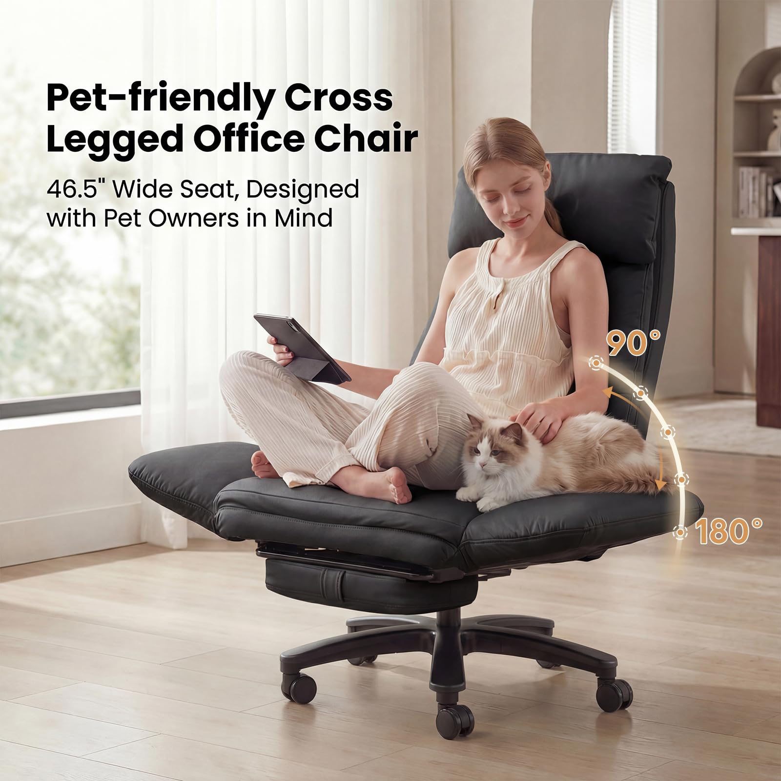 Cross Legged Office Chair with Pets Friendly Seat, Plus Size Criss Cross Desk Chair, Big and Tall Office Chair with Foot Rest, Reversible Armrests & Wide Seat, Black