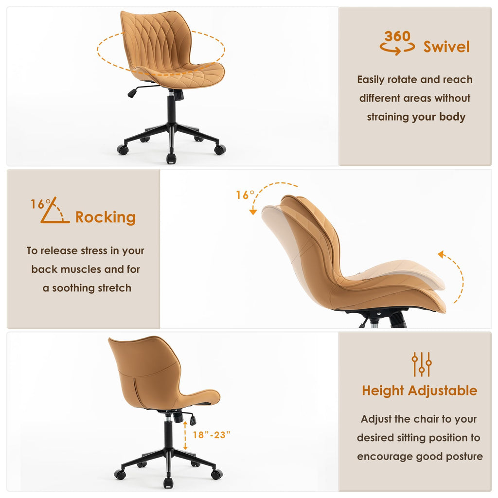 Armless Desk Chair Comfy Office Chair with Wheels Home Ergonomic Task Chair Adjustable Computer Chairs Modern Faux Leather Swivel Chair Upholstered Makeup Vanity Chair with Back(Camel)