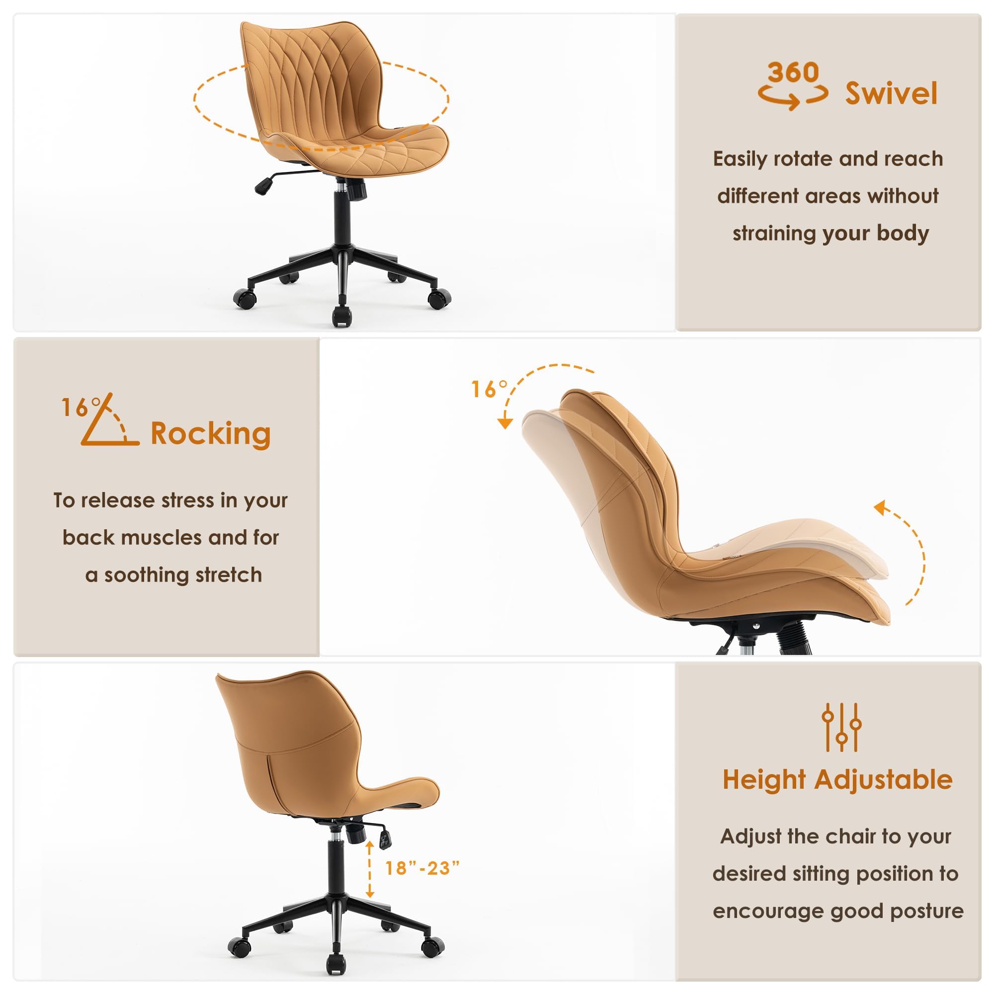 Armless Desk Chair Comfy Office Chair with Wheels Home Ergonomic Task Chair Adjustable Computer Chairs Modern Faux Leather Swivel Chair Upholstered Makeup Vanity Chair with Back(Camel)