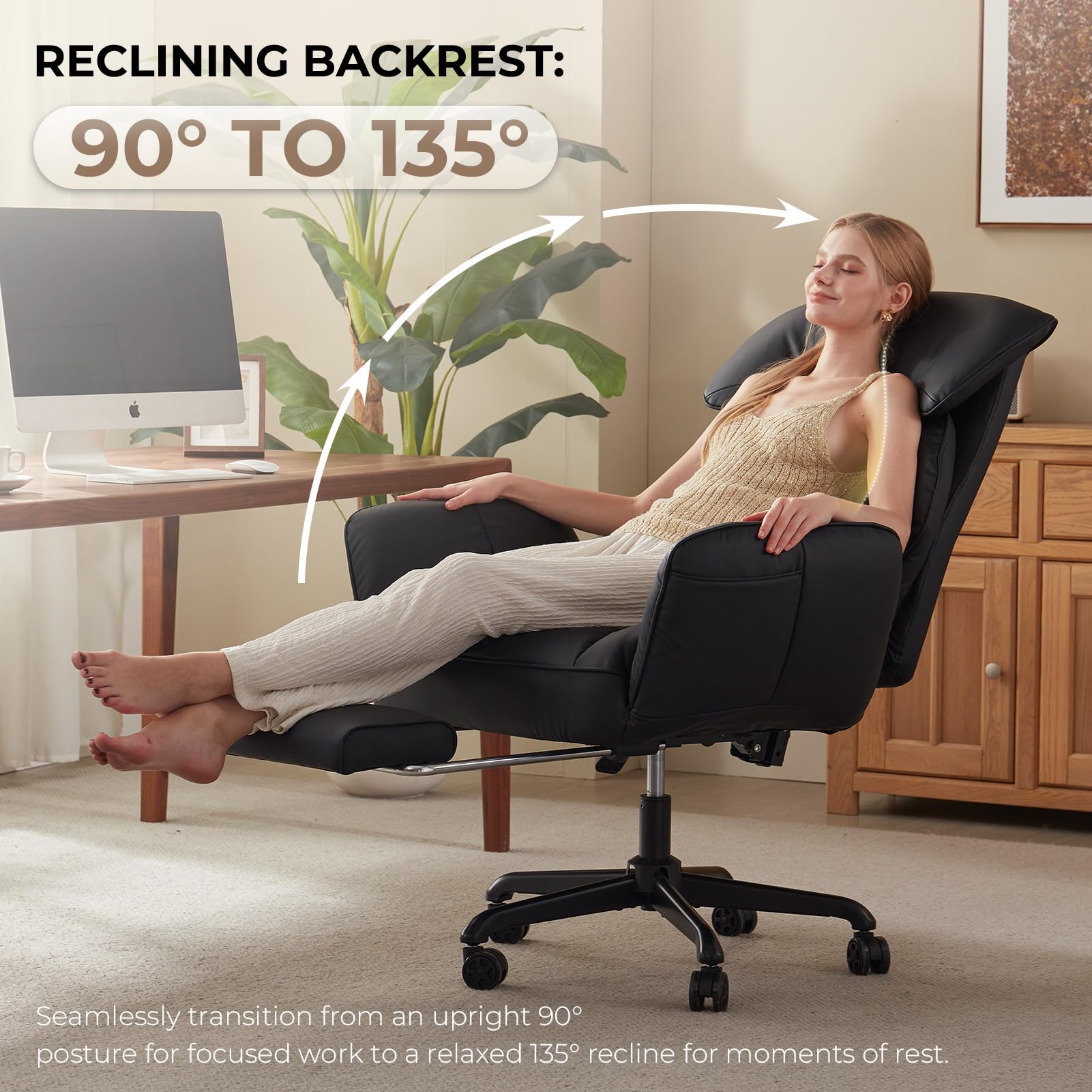 Cross Legged Office Chair with Pivoting Armrests,Criss Cross Chair with Pocket Spring Seat & Back,Reclining Computer Gaming Chair with Footrest and Metal Base (Black)
