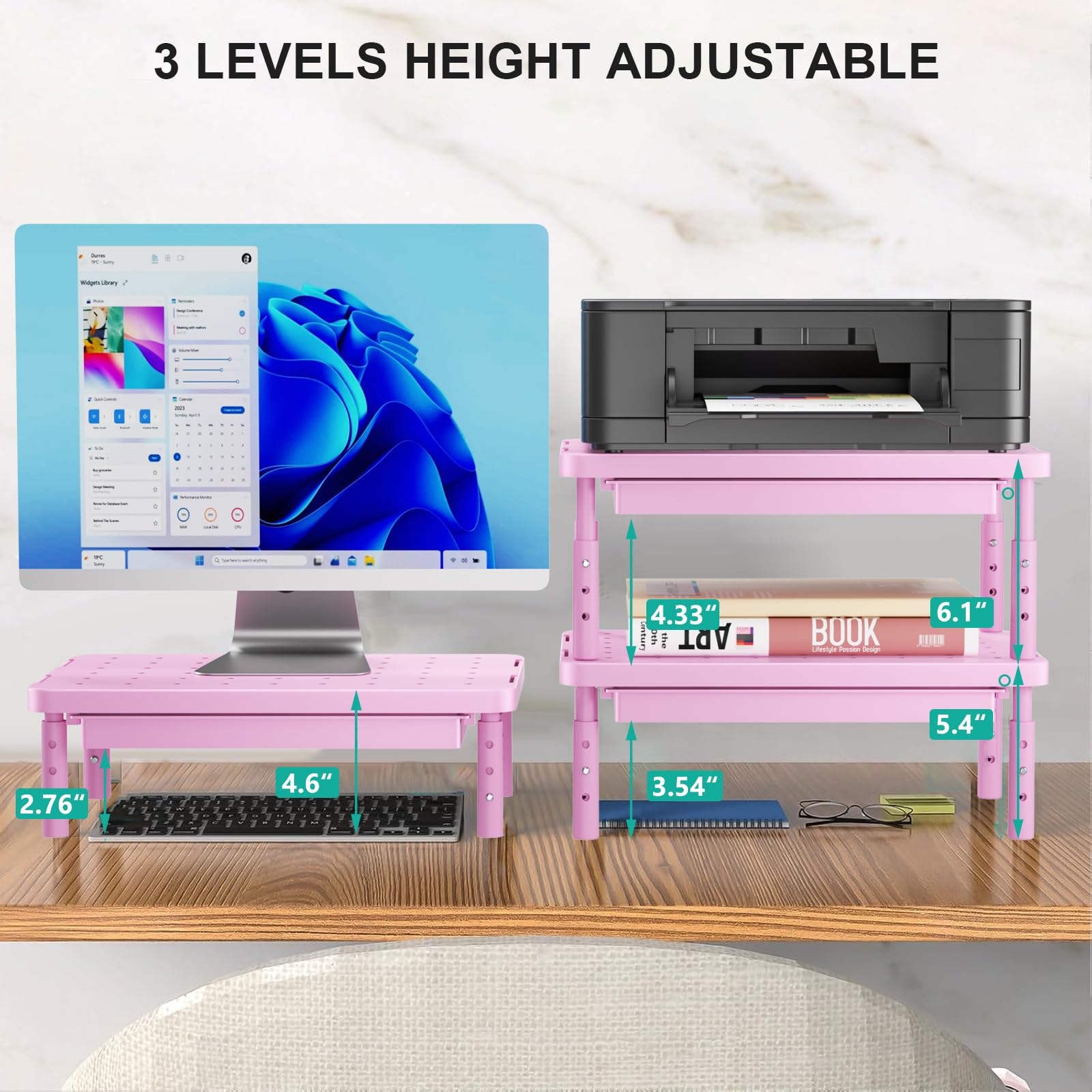 Computer Monitor Stand with Storage, Desk Monitor Riser 3 Height Adjustable, Laptop Riser with Airflow Vents, Desk Organizer for Computer, Laptop, Printer (PTT002-P), 1 Pack, Pink