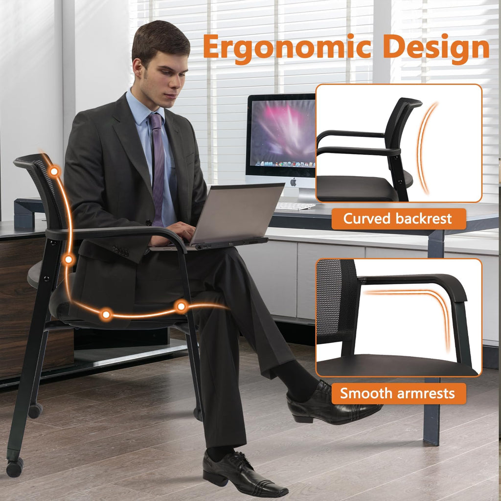 Stacking Office Chair with Wheels, Mesh Back Waiting Room Guest Chairs with Arms Comfortable Leather Cushion Stackable Desk Chair for Conference Reception School Side Stationary, Black