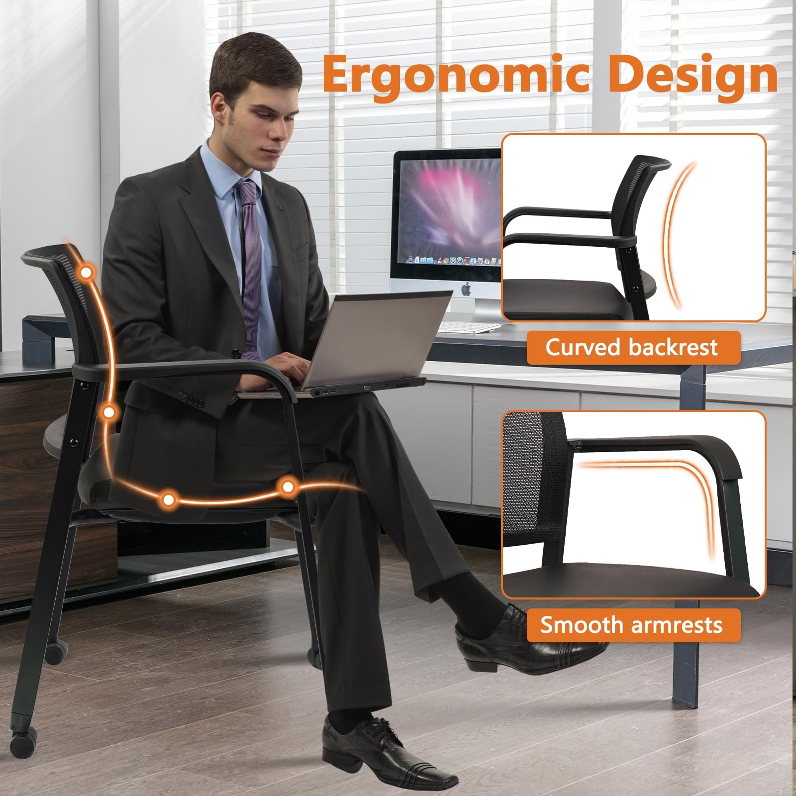 Black, 8 PK, Stacking Office Chair with Wheels, Mesh Back Waiting Room Guest Chairs with Arms Comfortable Leather Cushion Stackable Desk Chair for Conference Reception School Side Stationary,