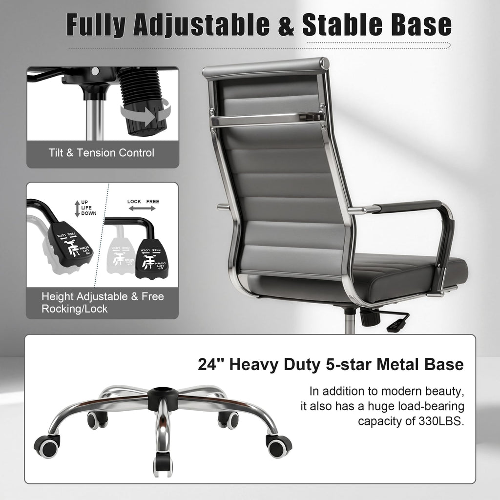 Grey Office Desk Chair, Ergonomic Leather Modern Conference Room Chairs, Executive Ribbed Adjustable Swivel Rolling Chair for Home Office.