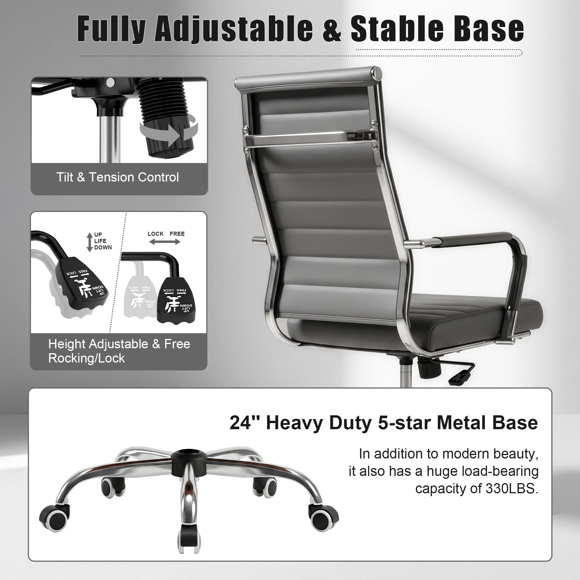 Grey Office Desk Chair, Ergonomic Leather Modern Conference Room Chairs, Executive Ribbed Adjustable Swivel Rolling Chair for Home Office.