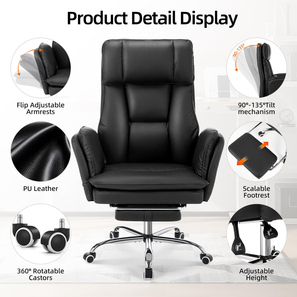Criss Cross Office Desk Chair with Foot Rest and Flip Armrests for Pets Friendly & Extra Space, Comfortable Ergonomic Reclining Gaming Computer Chair with Lumbar Pillow(Faux Leather Black)