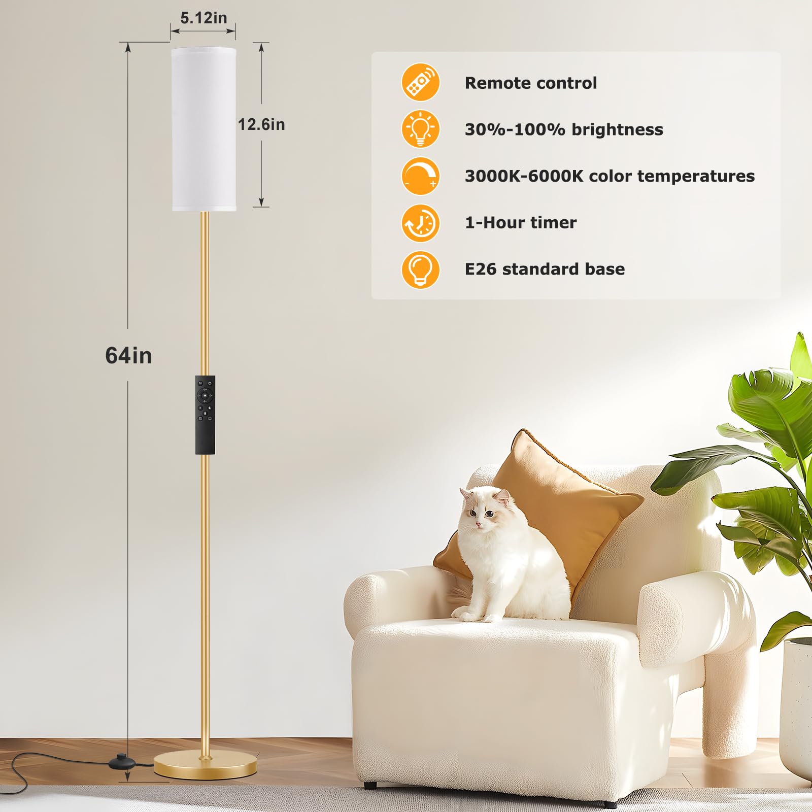 64'' Floor Lamps for Living Room with Remote Control and Stepless Dimmable Colors Temperature & Brightness, 9W Bulb Included(White Lampshade & Gold Pole)