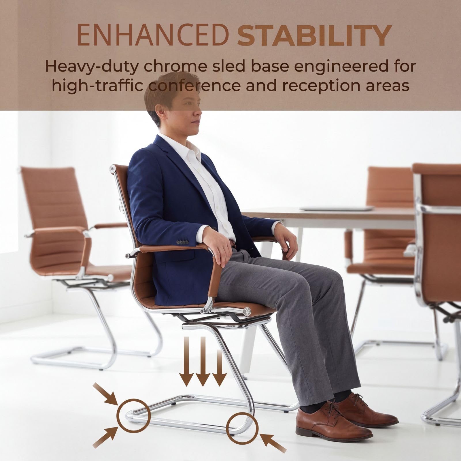 Conference Room Chairs Set of 4, Waiting Room Chairs with Arms, Faux Leather Reception Chairs No Wheels, Office Guest Chairs with Mid Back Support and Chrome Sled Base, Cafe
