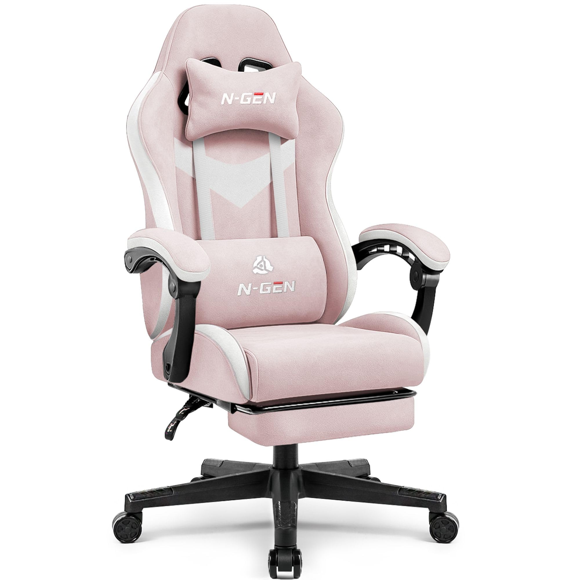 Gaming Chair with Footrest Lumbar Support for Home Office High Back Recliner Height Adjustable Ergonomic Comfy Fabric Computer Desk Chair (Pink)