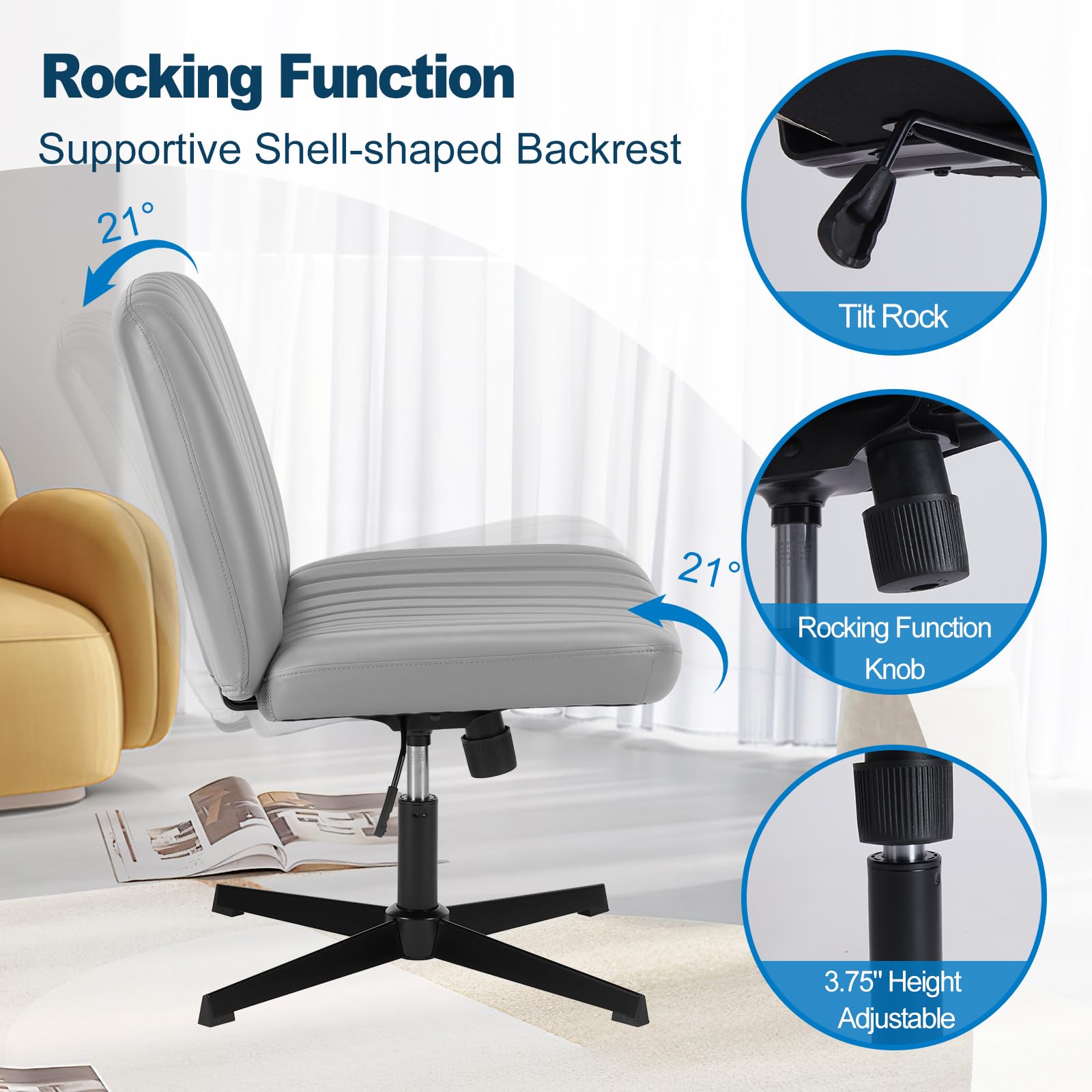 Criss Cross Legged Chairs Armless No Wheels Wide Seat Height Adjustable Swivel Padded PU Leather Home Office Desk Chair for Bedroom, Student, Study Room,Grey
