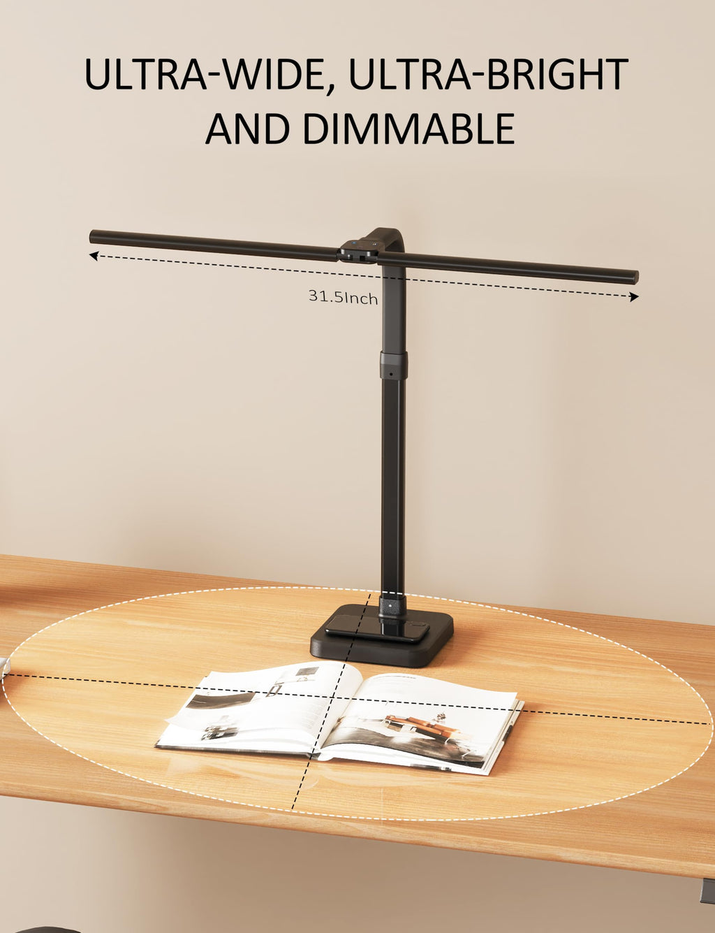 LED Desk Lamp for Office, Double Head 24W with Base, Architect Light 5 Lighting Brightness Flexible Gooseneck Table Reading Study, Black