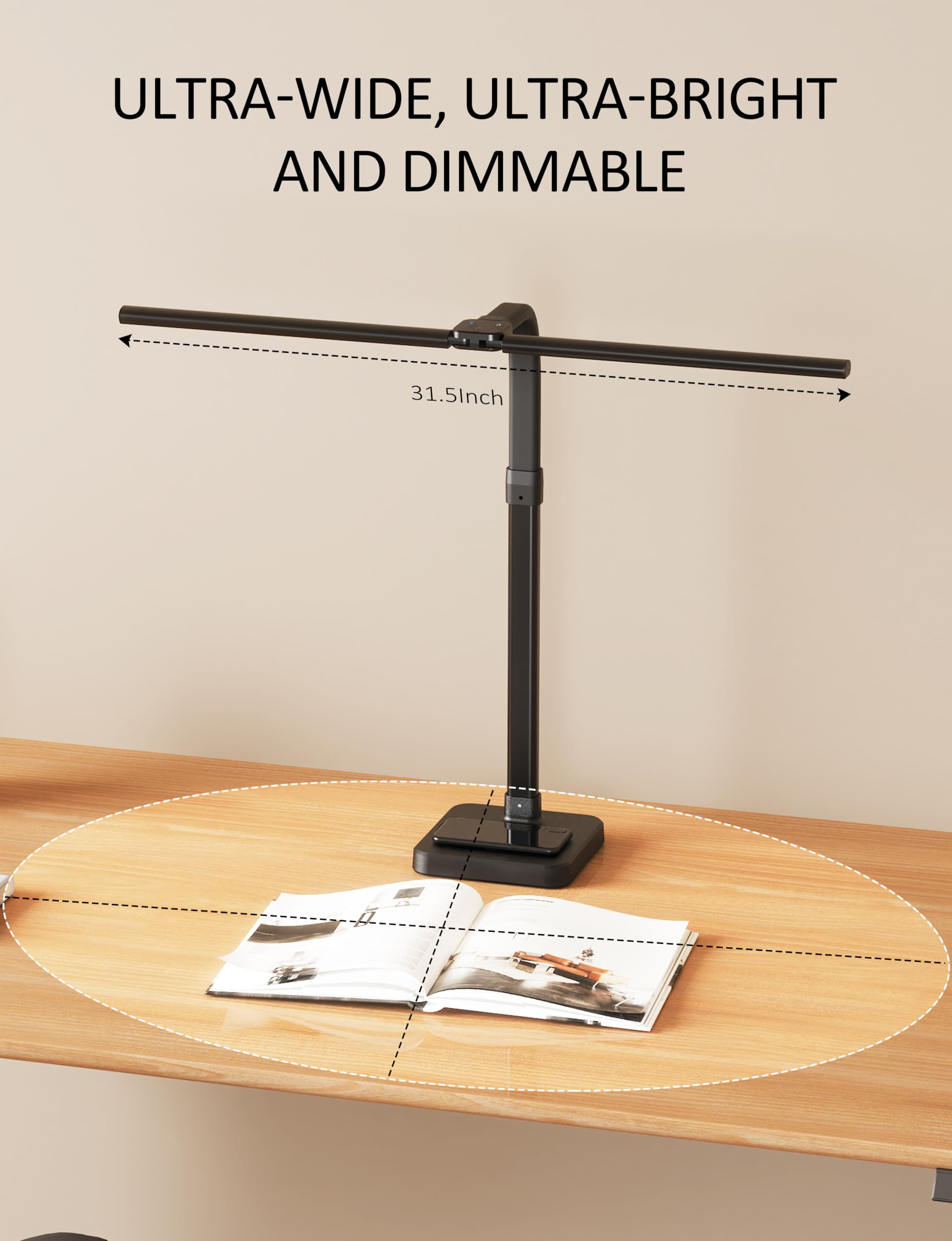 LED Desk Lamp for Office, Double Head 24W with Base, Architect Light 5 Lighting Brightness Flexible Gooseneck Table Reading Study, Black