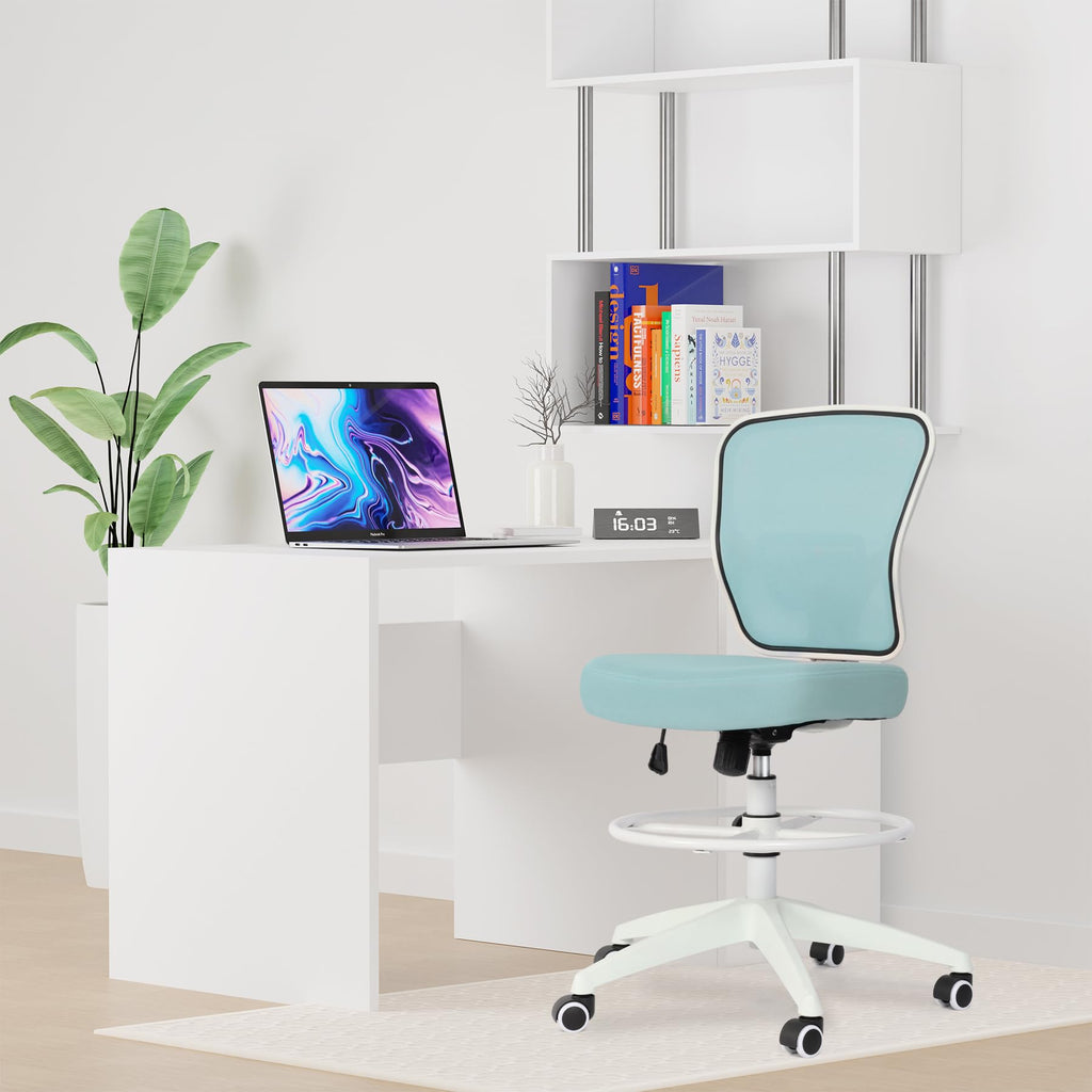 Drafting Chair Adjustable Height Tall Office Chairs Standing Desk Chair Rolling Stool Chair Armless Office Drafting Chair Blue
