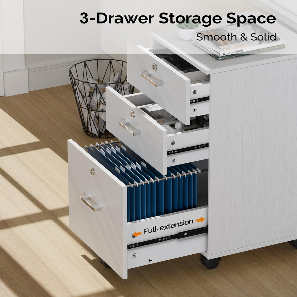 3-Drawer File Cabinet with Lock, Wood Rolling Filing Cabinets for Home Office, Mobile Printer Stand, Under Desk File Organizer for Letter Sized Files, 26" H(Caster Included), White