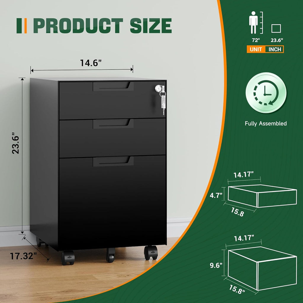 3 Drawer Mobile File Cabinet with Lock,Under Desk Metal Small Filing Cabinets for Home Office Organizer Letters/Legal/A4(Fully Assembled Except Wheels-Black)