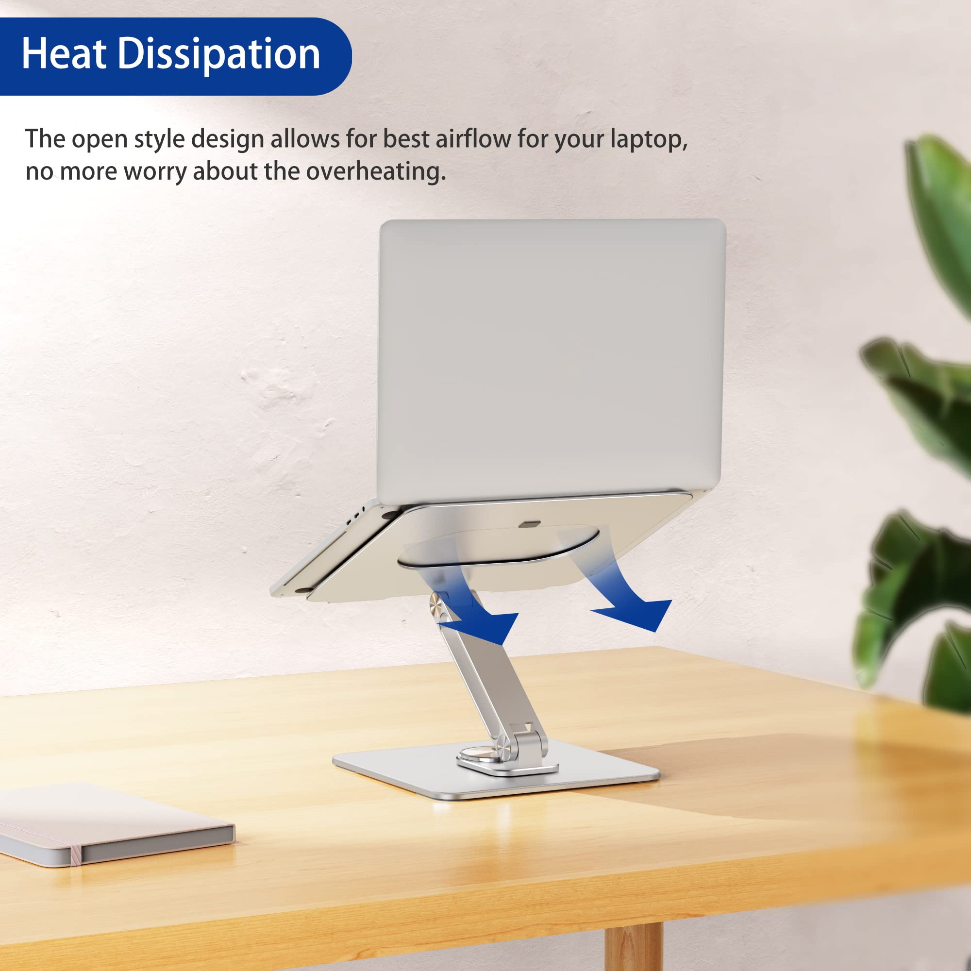 Laptop Stand with 360 Rotating Base, Ergonomic Adjustable Notebook Riser, Foldable Computer Holder Compatible with 10-15.6" Laptops (Silver)