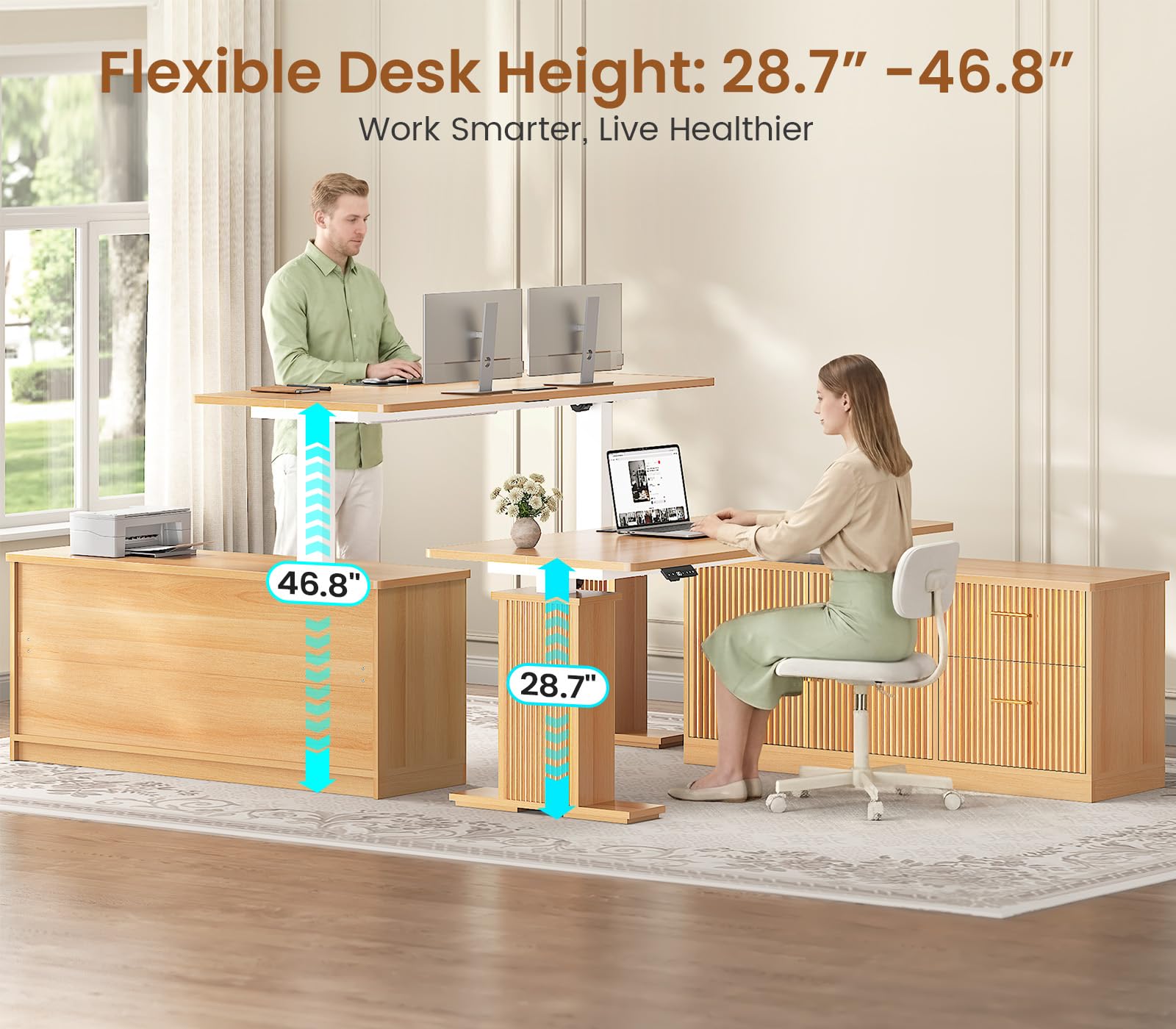 L Shaped Electric Standing Desk, 55 inch Height Adjustable Office Executive Desk with Storage Drawers, Fluted Sit Stand Corner Computer Desk with Power Outlets for Home Office, Oak