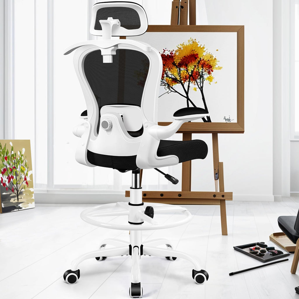 Drafting Chair, Tall Office Chair with 3D Lumbar & Head Support, Ergonomic Mesh Standing Desk Chair with Footring, Comfy Extended High Desk Chair with Flip-Up Arms & Hanger,White