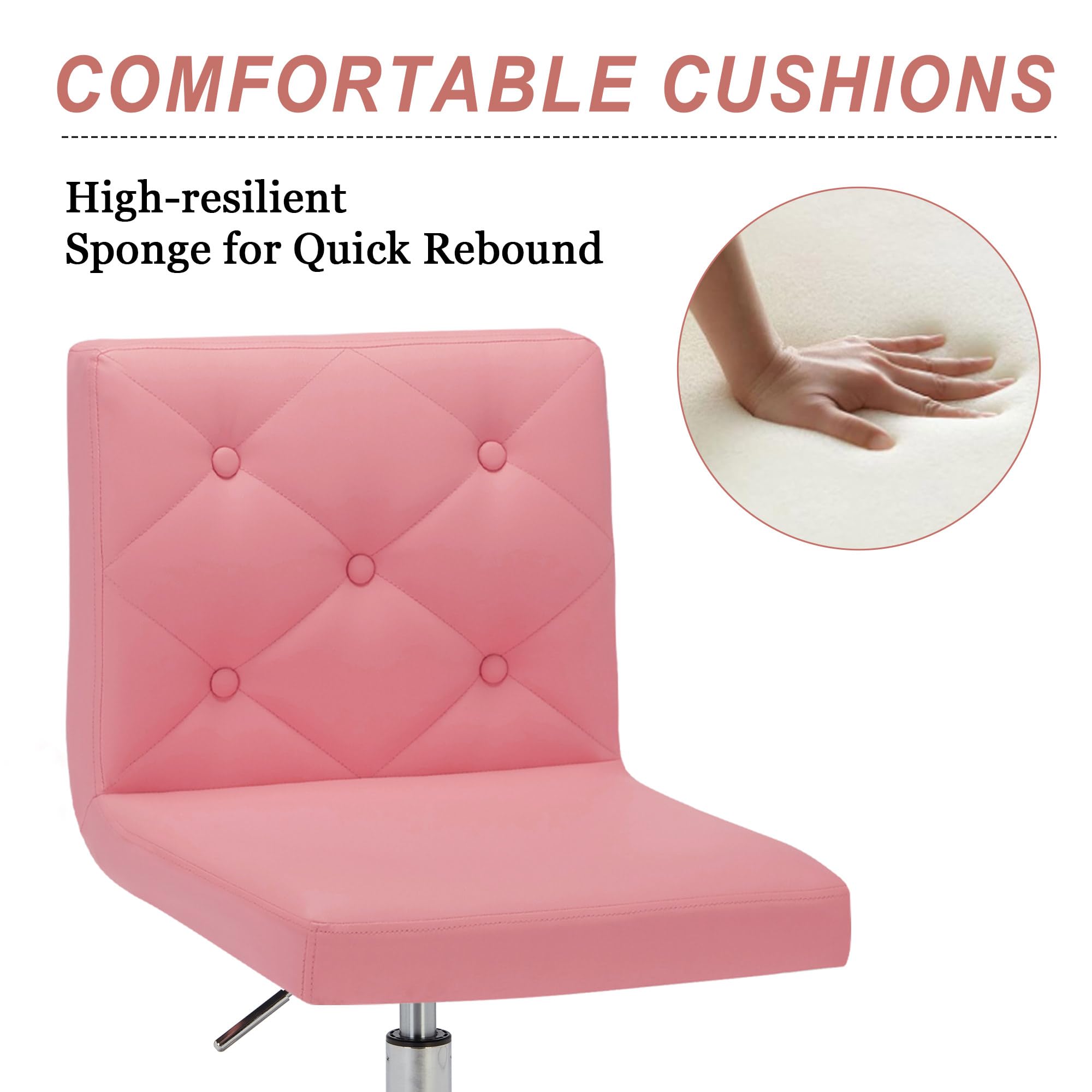 PU Leather Mid-Back Armless Vanity Chair Adjustable Height 360° Rolling Swivel for Office Work