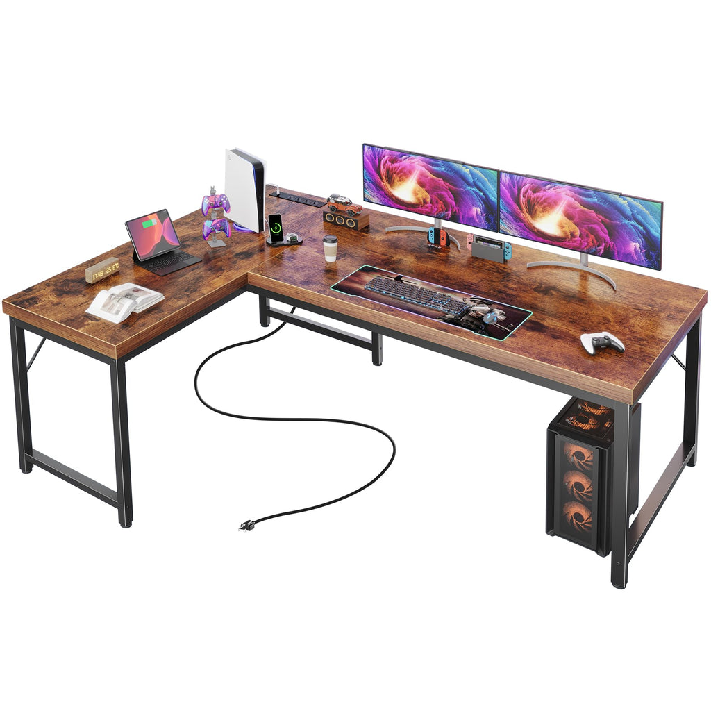55 Inch L Shaped Desk with Power Outlets and USB-C Port, 0.95 Inch Thicker Desktop, Reversible Computer Desk, Larger Office Corner Gaming Desk, Metal Frame, for Home Office, Study, Rustic Brown