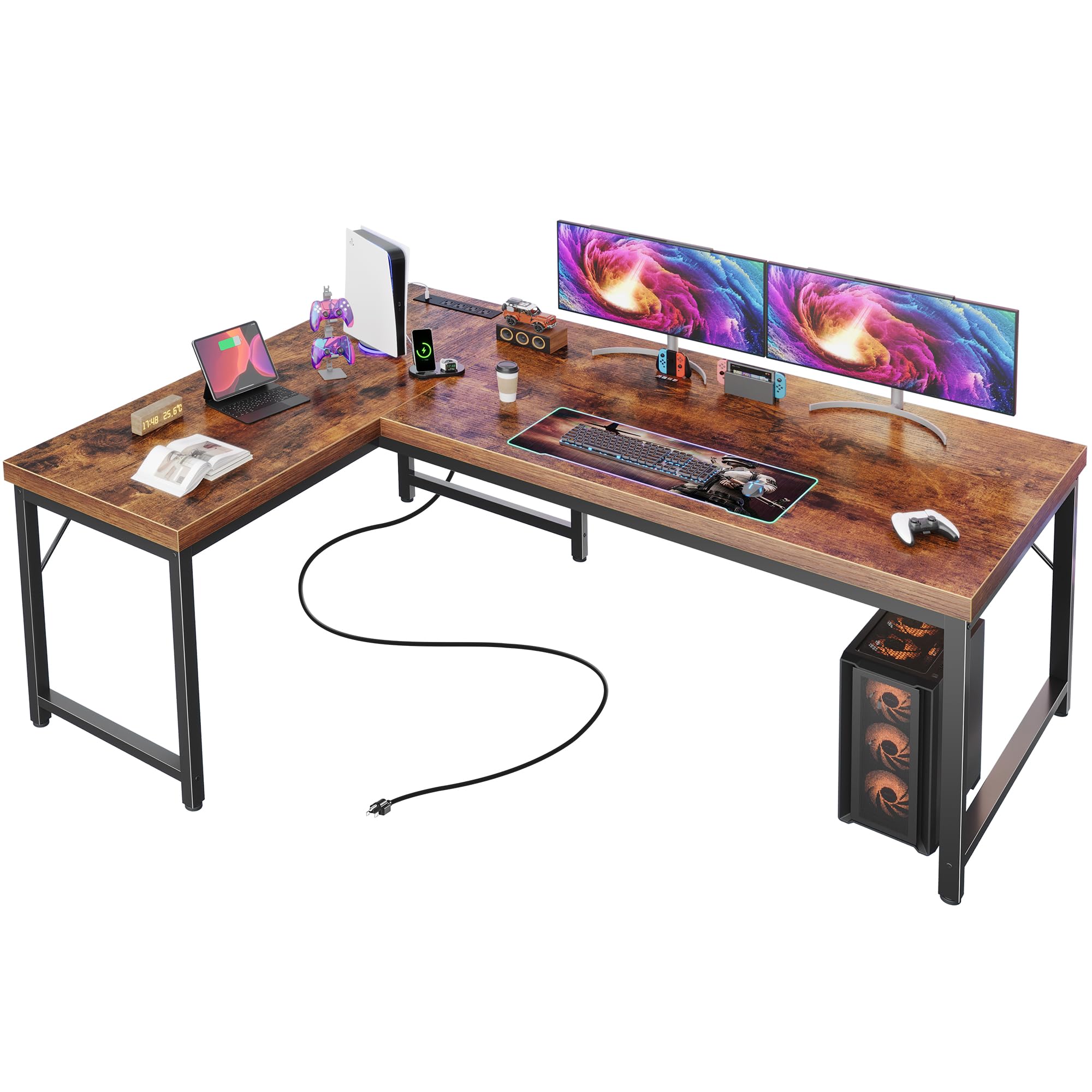 55 Inch L Shaped Desk with Power Outlets and USB-C Port, 0.95 Inch Thicker Desktop, Reversible Computer Desk, Larger Office Corner Gaming Desk, Metal Frame, for Home Office, Study, Rustic Brown