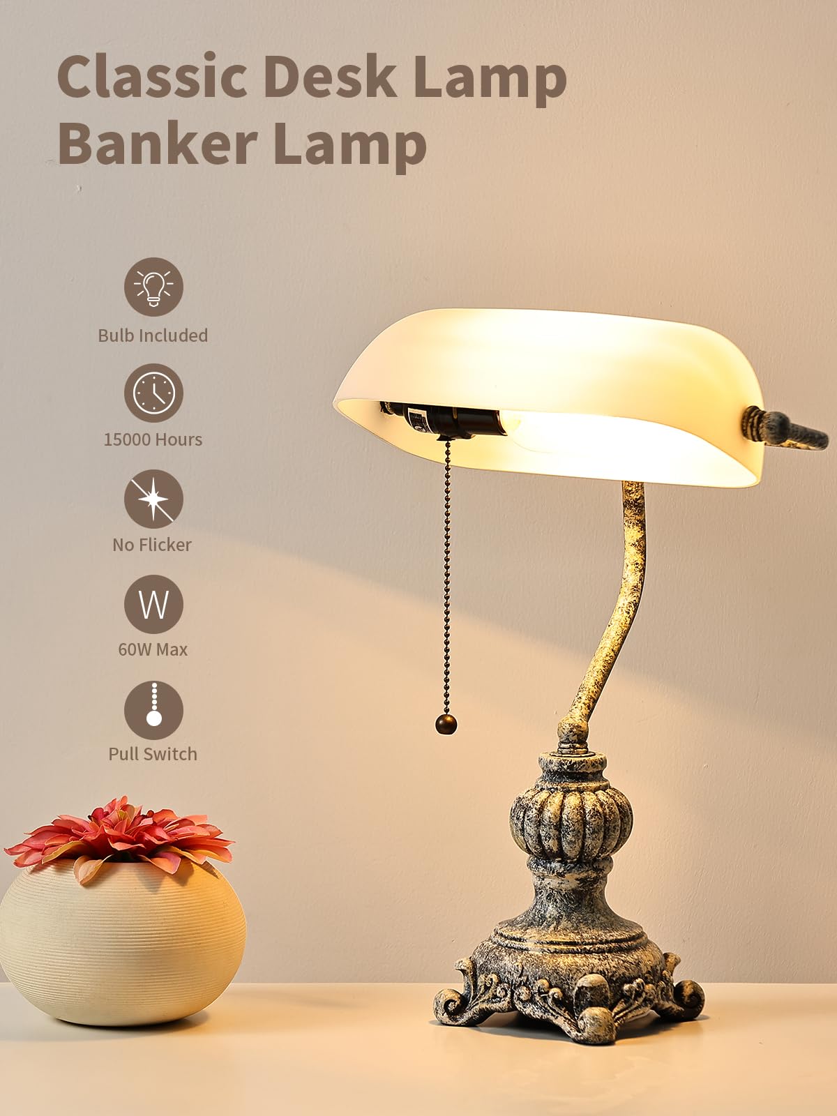 Retro White Matted Glass Bankers Desk Lamp,LED Bulb Included