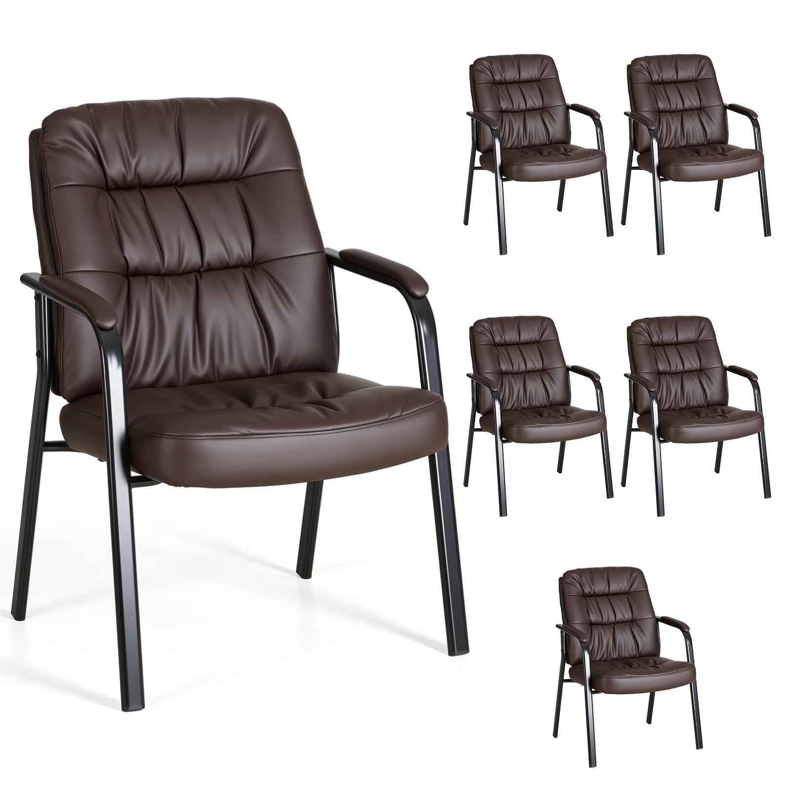 Waiting Room Guest Chair Set of 6, 500lbs PU Leather Ergonomic Office Desk Reception Chair No Wheels with Padded Armrest for Conference Lobby Medical Waiting Area Bedroom, Brown