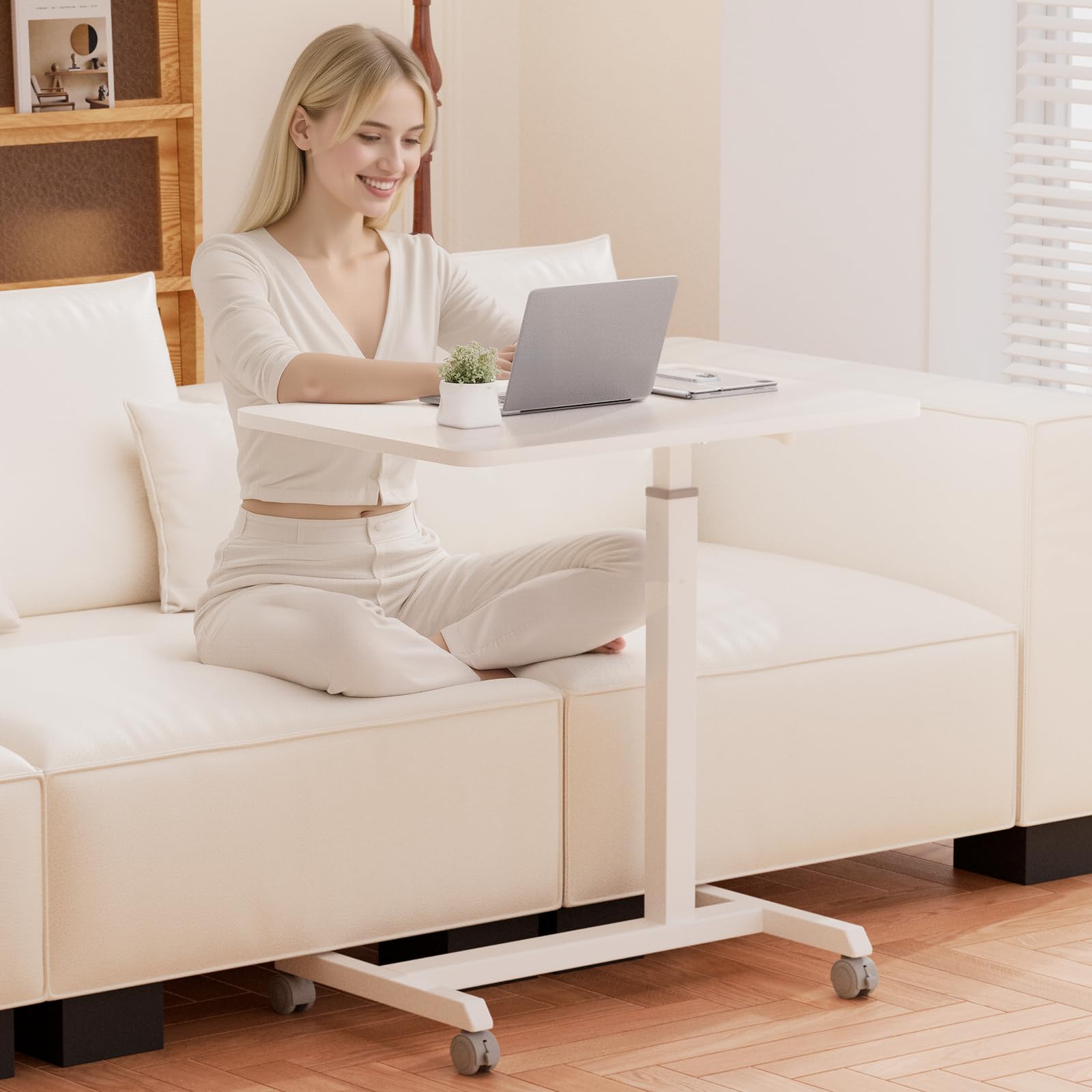 Small Standing Desk, 24 Inches Foldable Mobile Rolling Laptop PC Table with Lockable Casters, Adjustable Height Overbed Bedside Table Computer Workstation for Home Office, White-Foldable