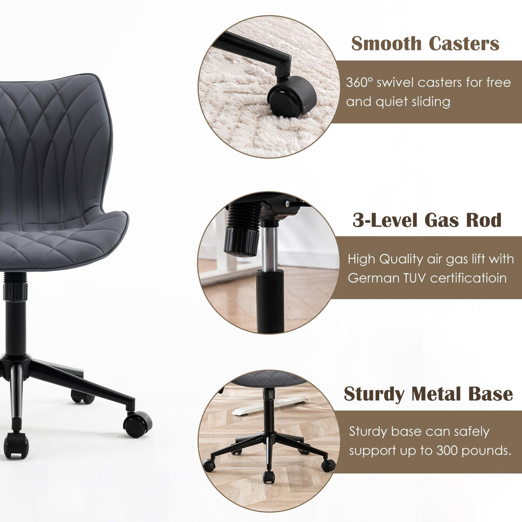 Armless Desk Chair Comfy Office Chair with Wheels HomeTask Chair Adjustable Computer Chairs Modern PU Leather Swivel Chairs Upholstered Makeup Vanity Chair(Grayish Purple)