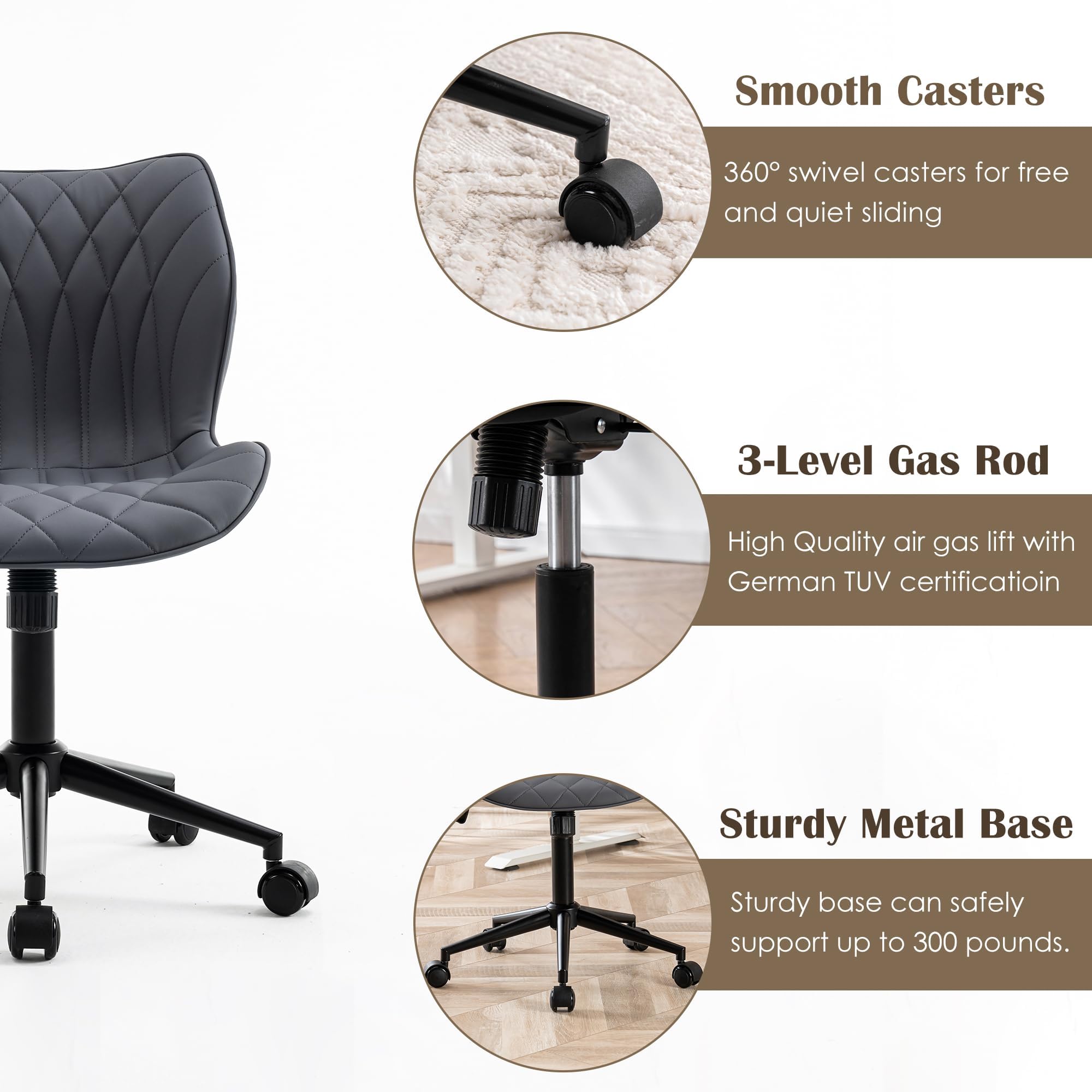 Armless Desk Chair Comfy Office Chair with Wheels HomeTask Chair Adjustable Computer Chairs Modern PU Leather Swivel Chairs Upholstered Makeup Vanity Chair(Grayish Purple)