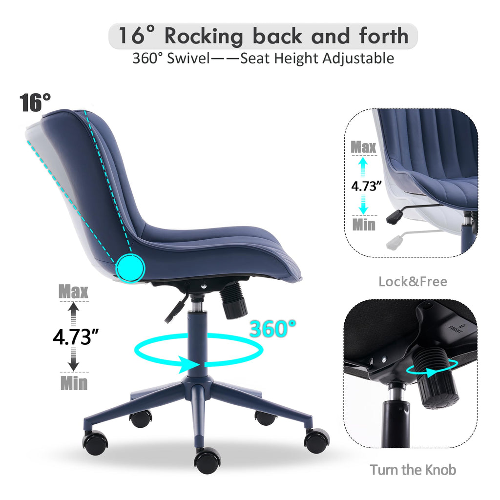Office Desk Chair with Wheels Armless Vanity Chair with Back Comfy Leather Upholstered Rolling Task Chair Swivel Small Cute Sewing Chair No Arms Wide Ergonomic Mid-Century Modern Navy Blue